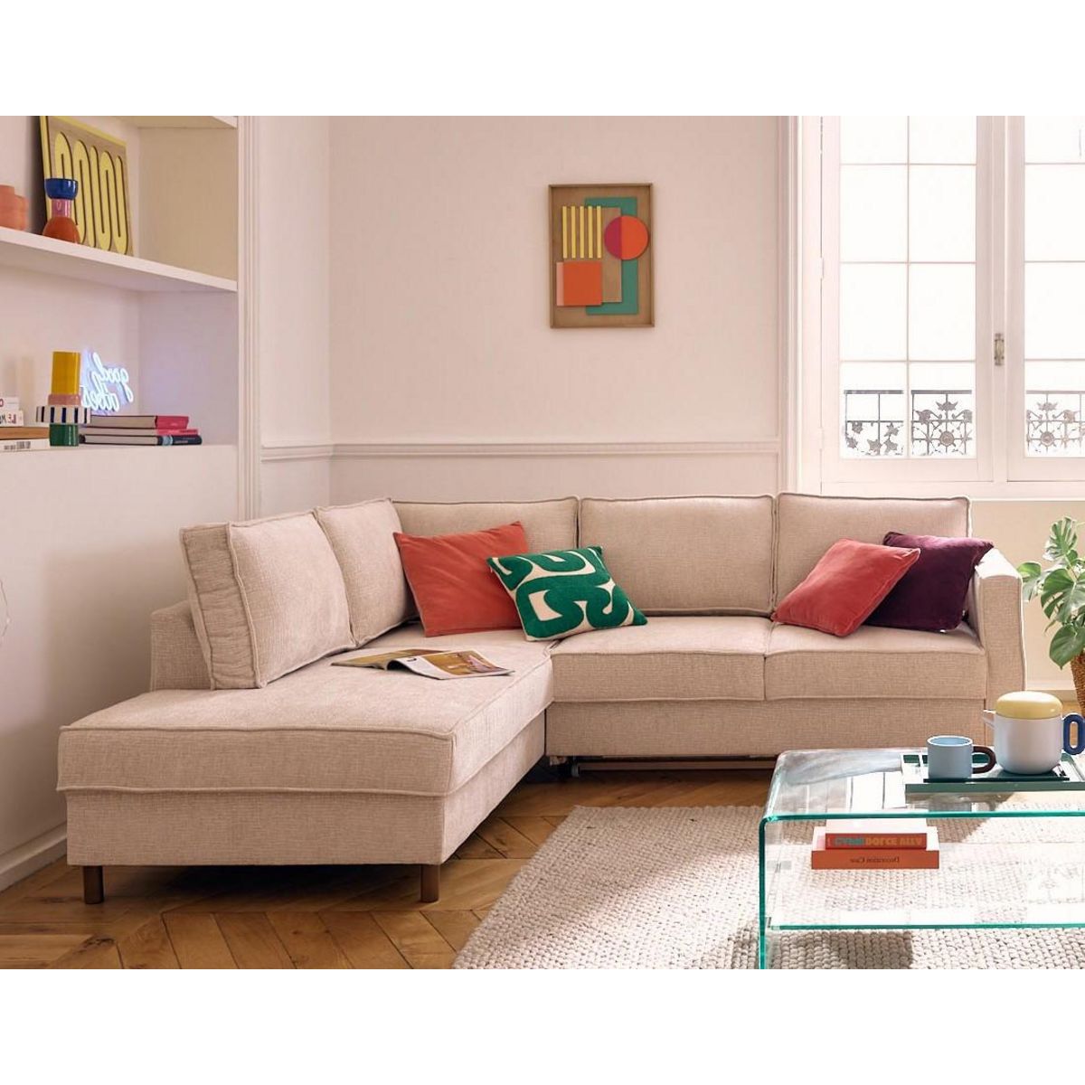 LISA DESIGN Jake - canapé d'angle gauche 5 places convertible en tissu velours relief