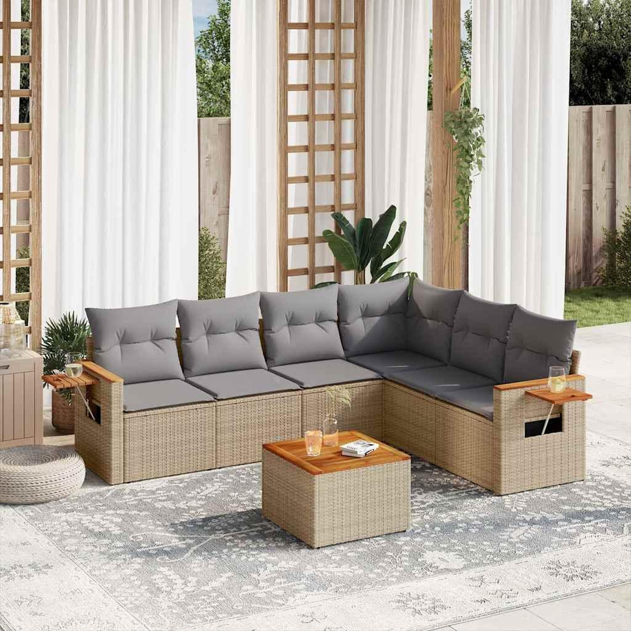 VIDAXL Salon de jardin avec coussins 7 pcs beige resine tressee
