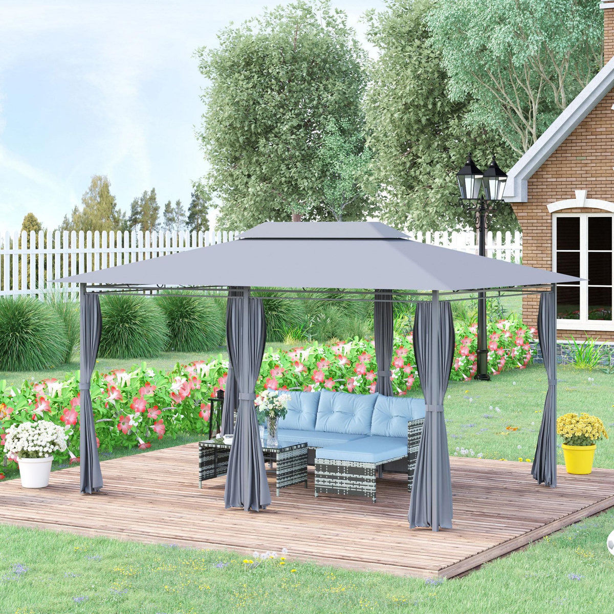 OUTSUNNY Tonnelle barnum pavillon de jardin style colonial double toit toiles latérales amovibles 3L x 4l x 2,65H m gris