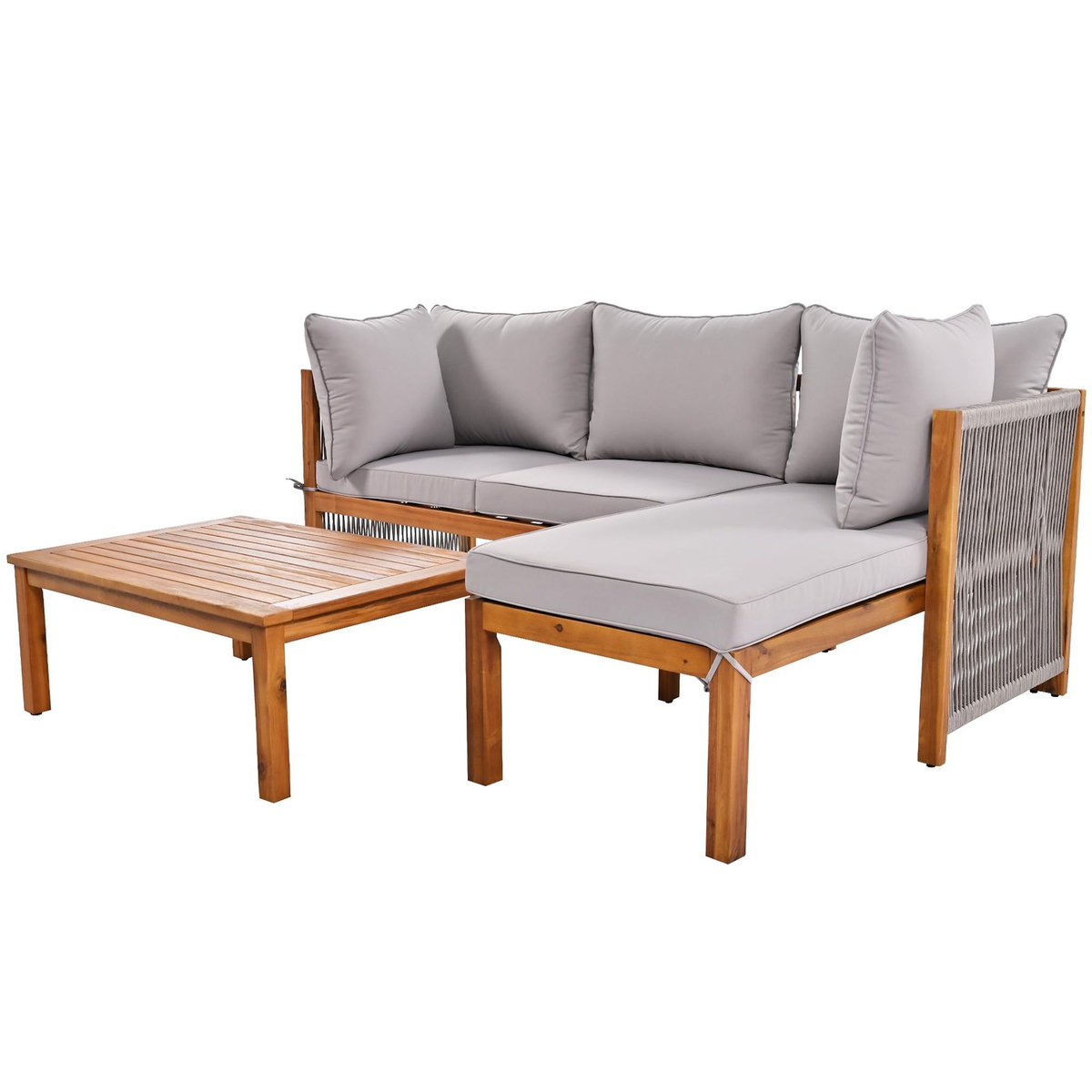 MERAX Salon de jardin angle 4 places en bois avec 2 canapés, table, pieds réglables, coussins, gris
