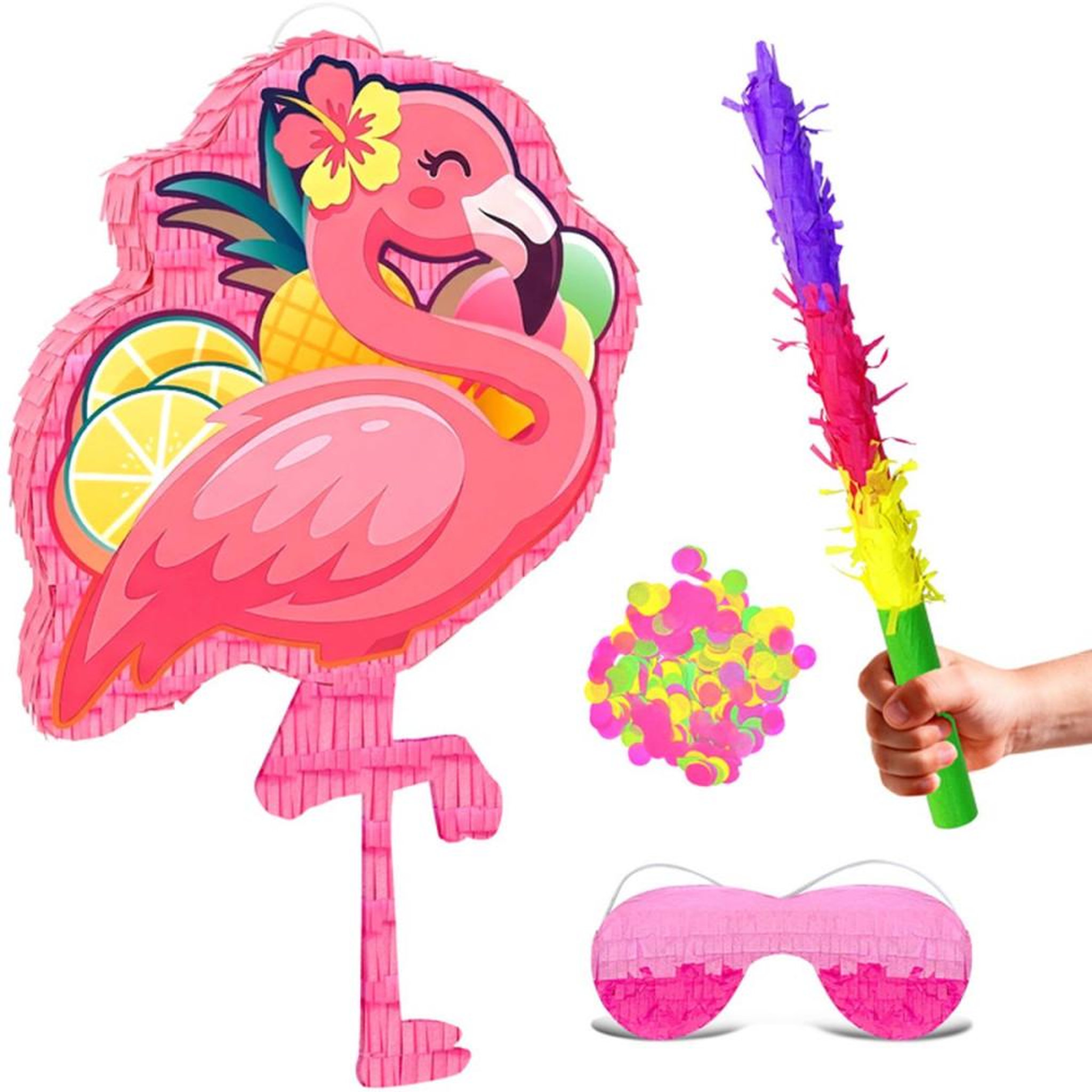 Piñata flamant rose tropical 58 cm, kit décoration hawaïenne avec bâton et masque de jeu