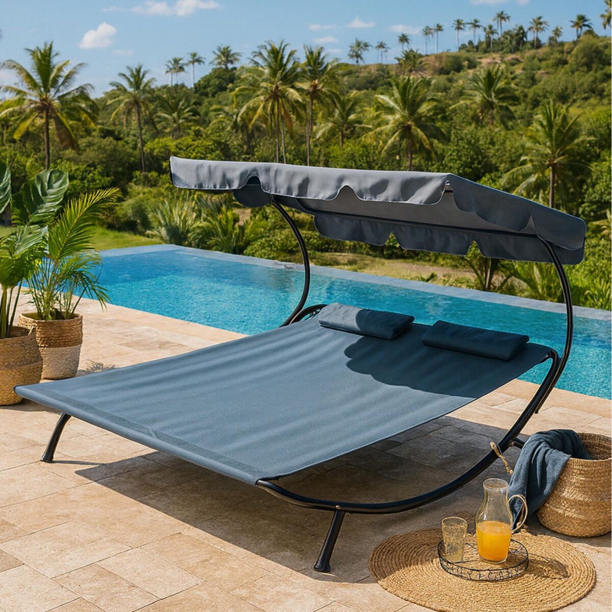 CONCEPT USINE Transat avec pare-soleil 2 personnes gris ALOHA