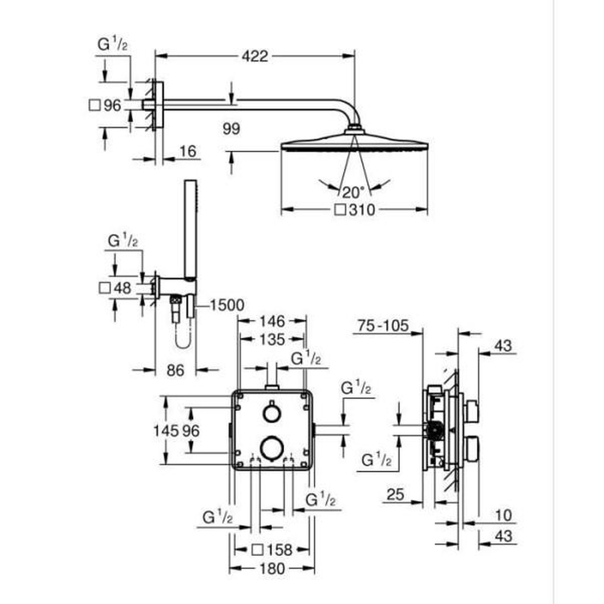 Voir la diapositive 3 : Grohe Ensemble de douche encastré - 1 jet - mitigeur thermostatique - grohe - 34881000 - gris
