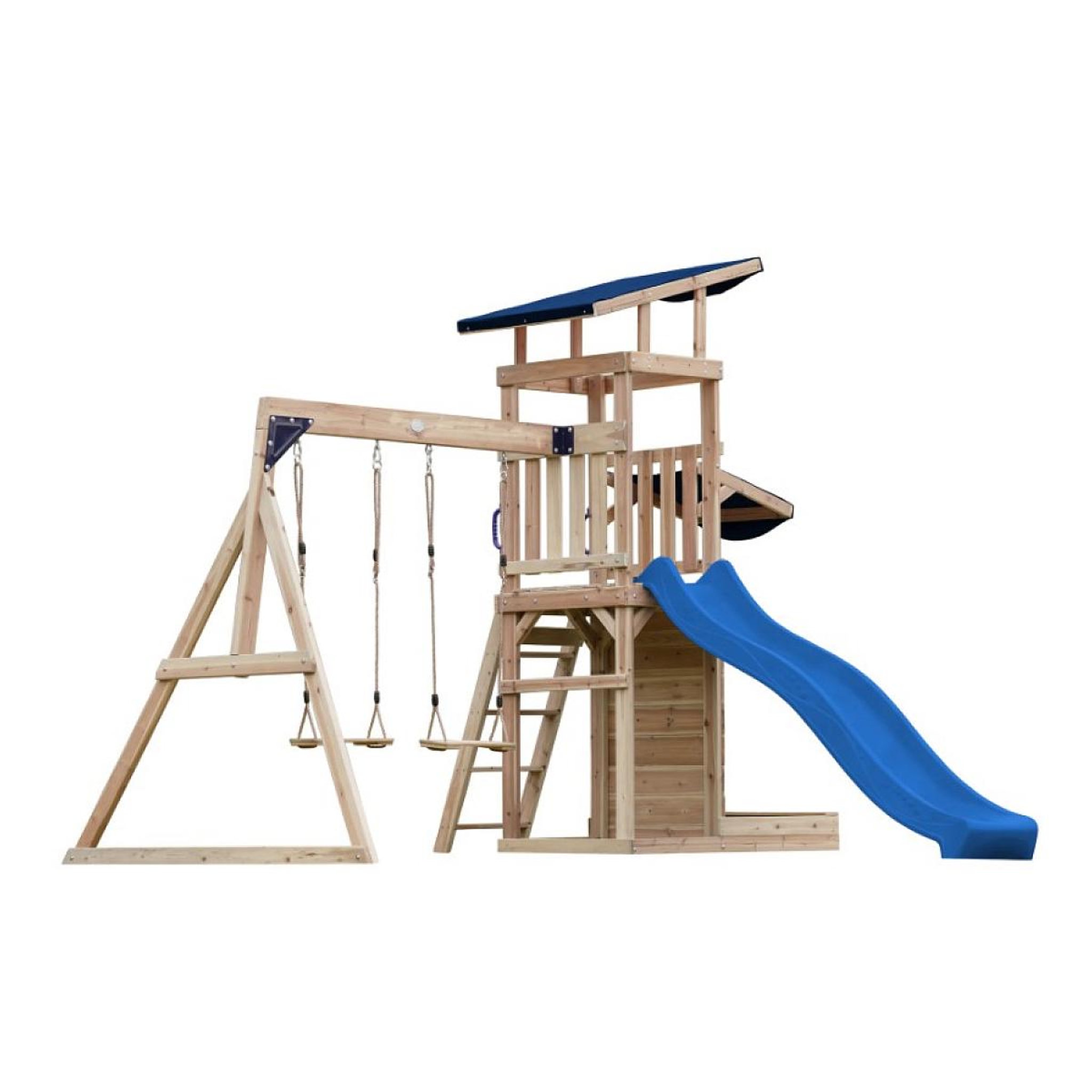 Axi House Portique Malik 2 balançoires + mur toboggan bleu