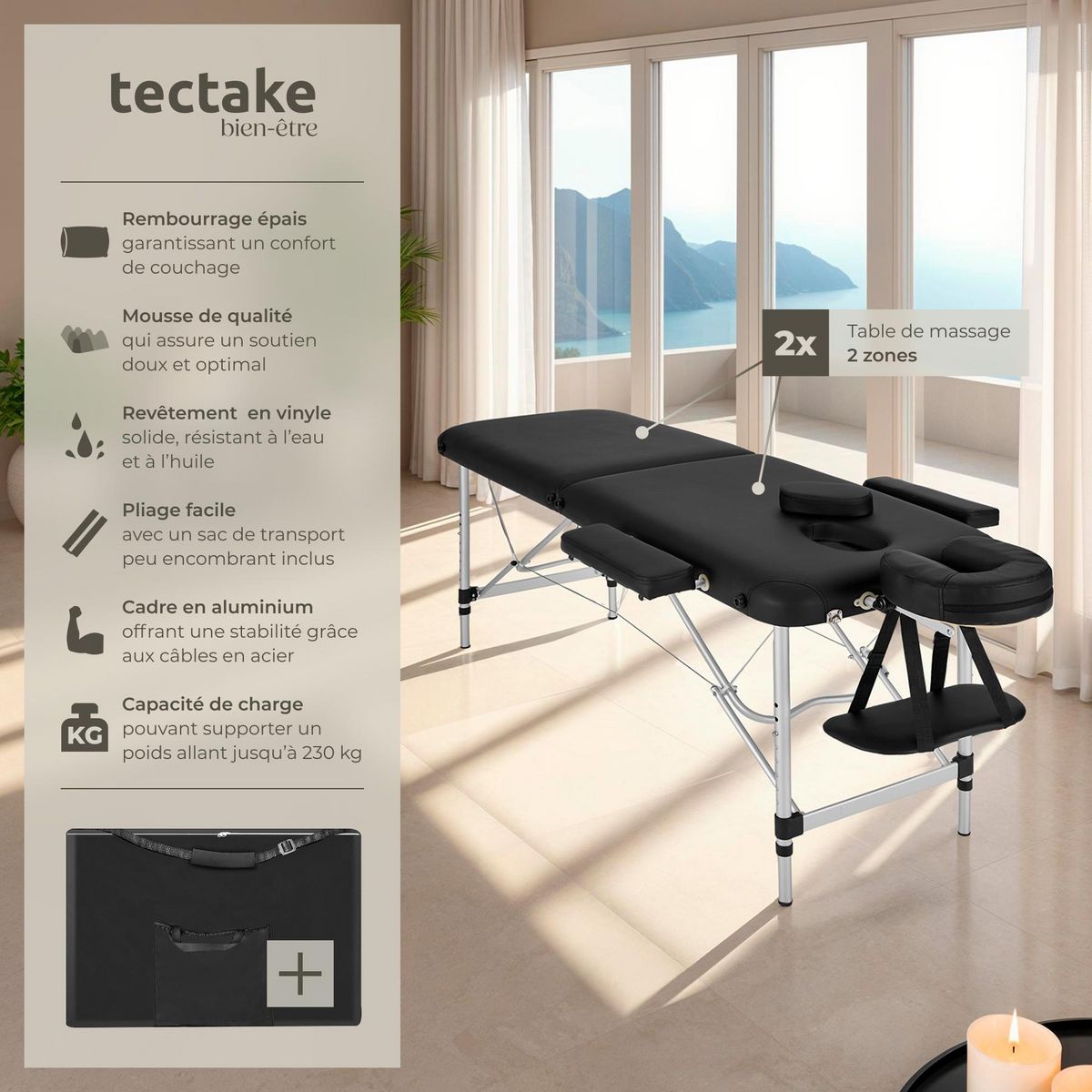 tectake Table de massage portable pliante 2 zones avec sac de transport inclus noir