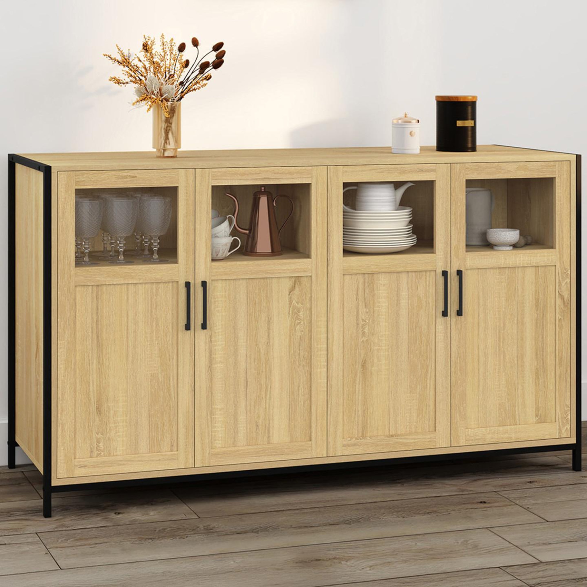 Voir la diapositive 2 : ID MARKET Buffet 140 cm detroit 4 portes avec vitrines design industriel