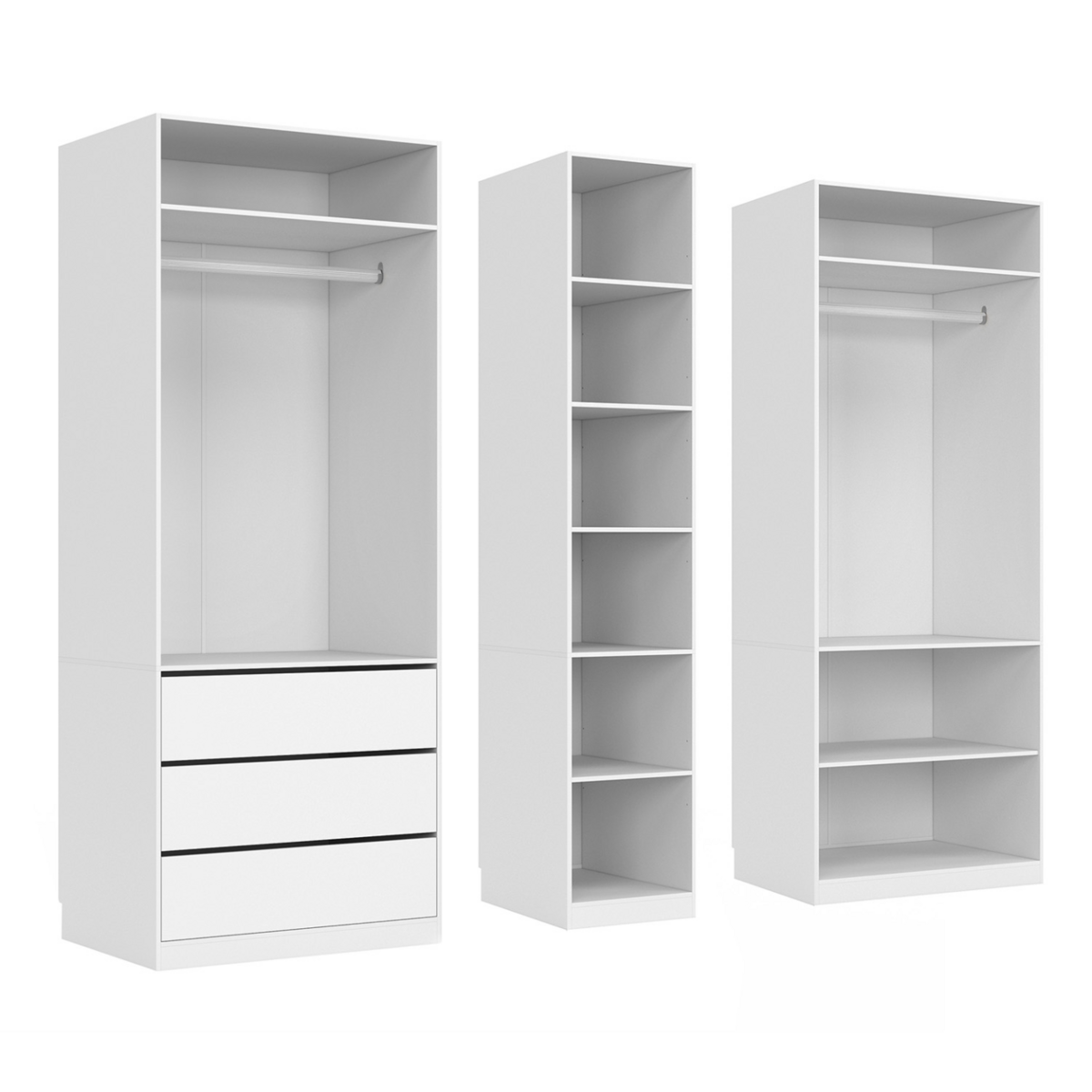 ID MARKET Dressing modulable TAYLOR 200 x 55 x 200 cm 3 modules avec penderies + étagères + tiroirs blanc