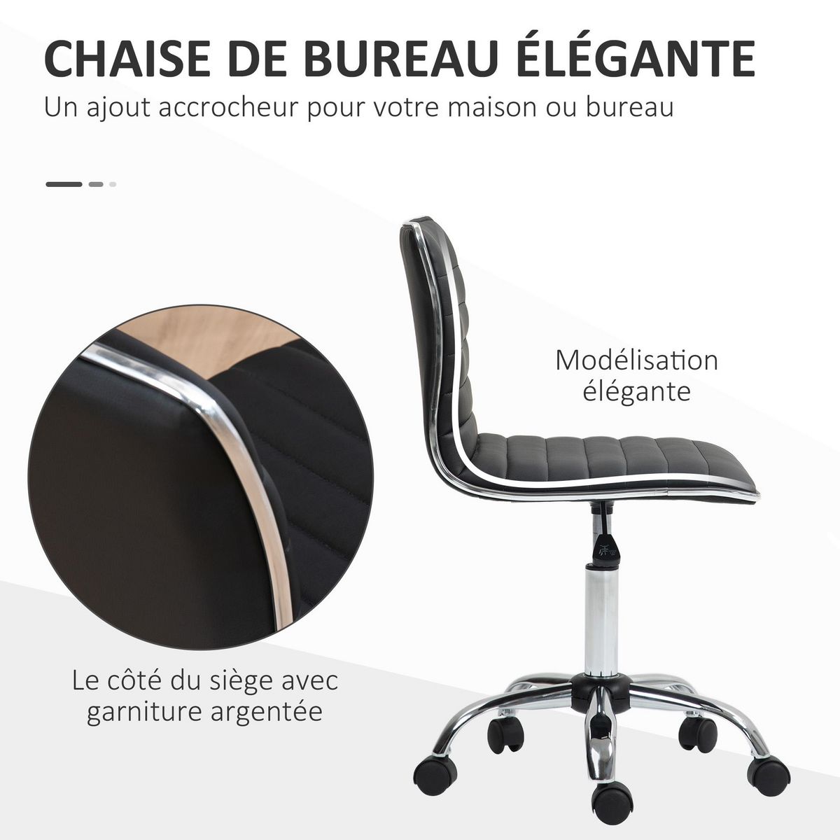 HOMCOM Chaise de bureau design style Chesterfield acier chromé revêtement synthétique noir