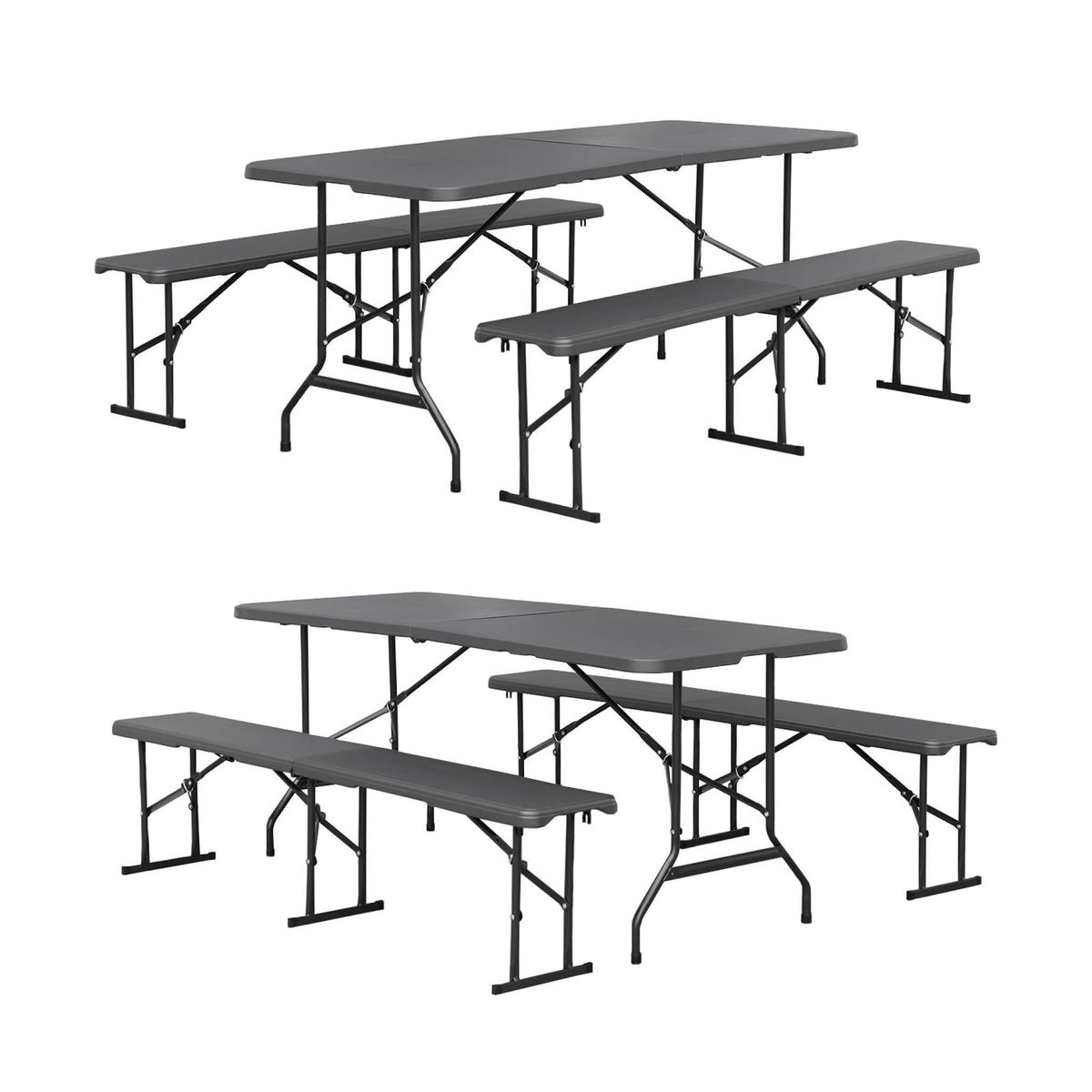 SWEEEK Lot de 2 tables de réception pliantes acier 2 bancs Fiesta 180cm gris foncé