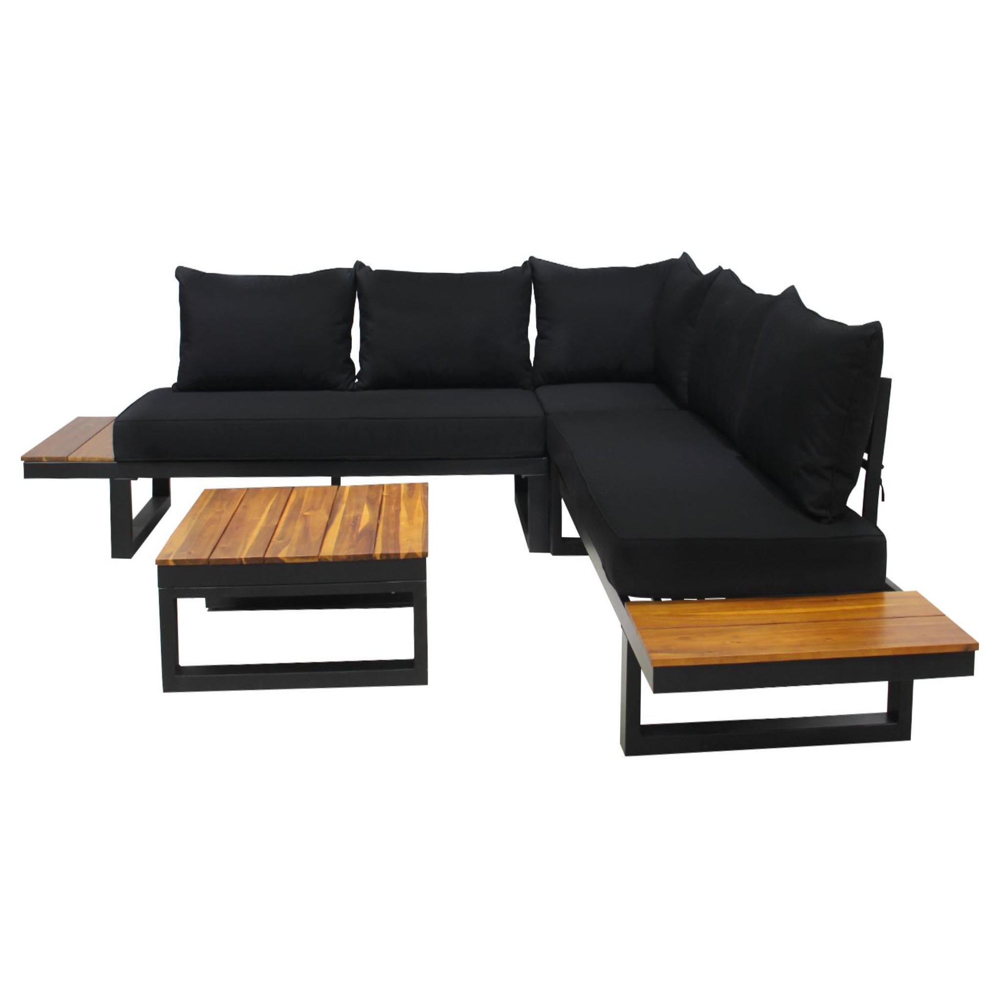 Voir la diapositive 1 : BEST MOBILIER Salome - salon bas de jardin 5 places + table - modulable - bois, métal et coussins noirs