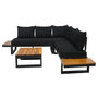 Voir la diapositive 1 : BEST MOBILIER Salome - salon bas de jardin 5 places + table - modulable - bois, métal et coussins noirs
