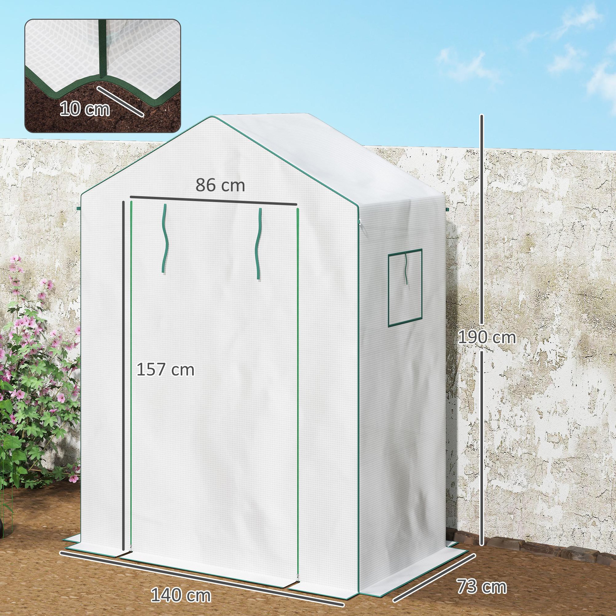 Voir la diapositive 3 : OUTSUNNY Serre de jardin 6 tablettes dim. 1,4l x 0,73l x 1,9h m porte déroulante fenêtres acier pe haute densité blanc