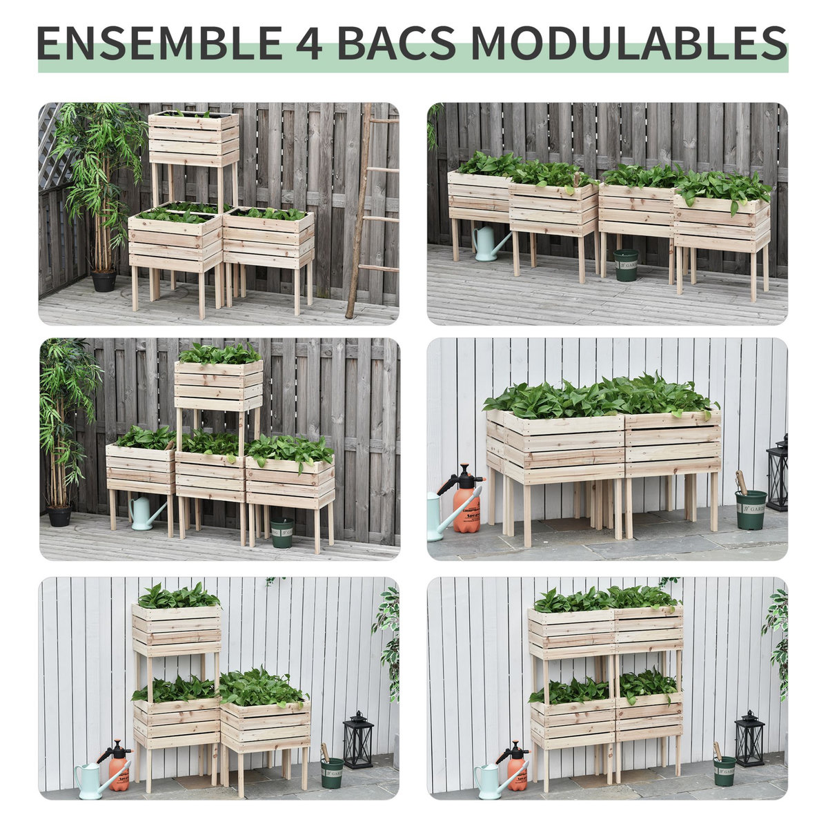 OUTSUNNY Jardinières sur pieds carrés potagers - lot de 4 jardinières sur pied modulables - dim. 50L x 30l x 60H cm - inserts d'irrigation film protecteur - bois sapin naturel