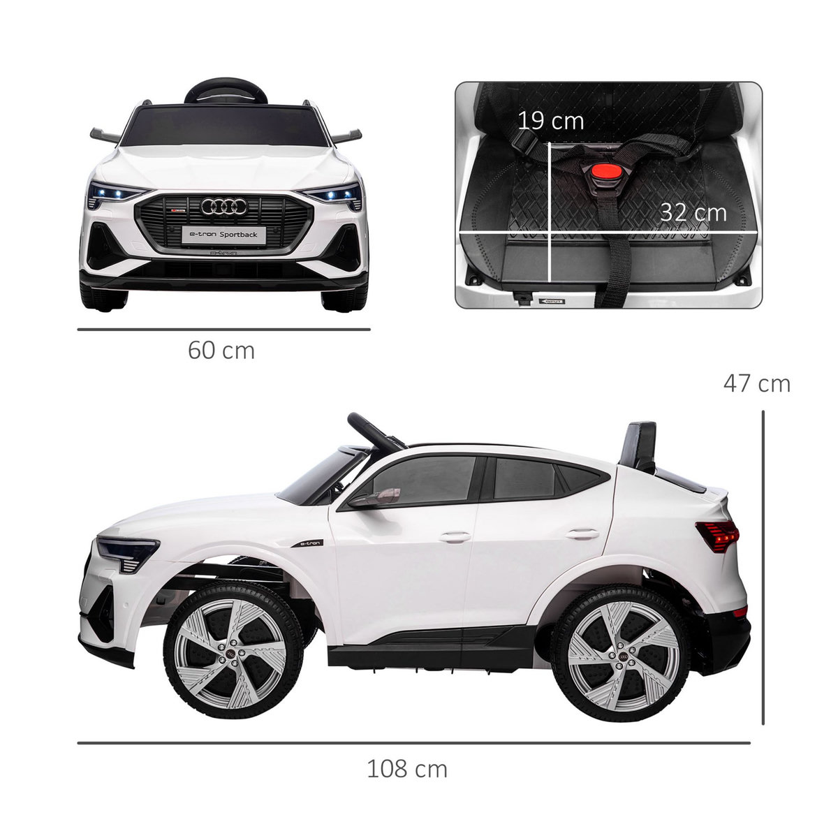 HOMCOM Voiture véhicule électrique enfant e-tron Sportback S line 12 V - V. max. 8 Km/h - effets sonores, lumineux - télécommande, port USB, MP3 - blanc
