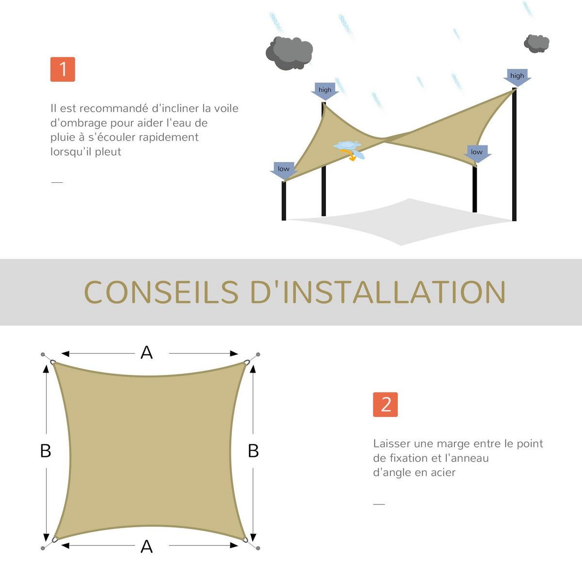 OUTSUNNY Voile d'ombrage carré 3 x 3 m polyéthylène haute densité résistant aux UV coloris sable