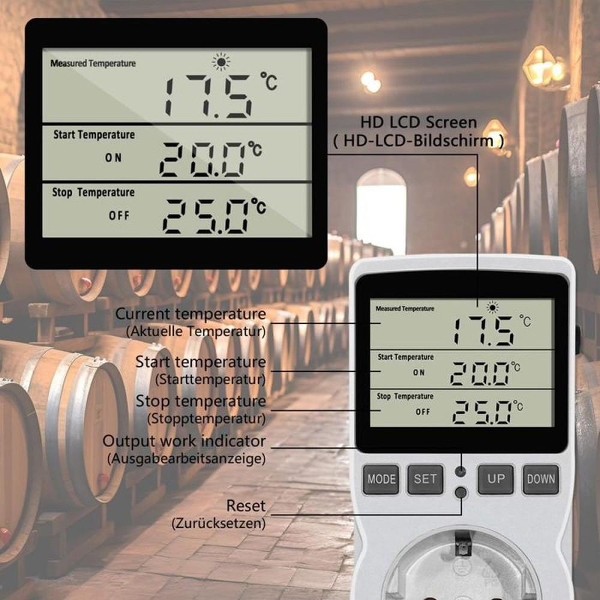 Voir la diapositive 4 : Thermostat contrôleur de température plug-in avec sonde 3 m 230 V, 16 A, 3680 W, écran LCD HD, -40 à 120 °C, modes chauffage/refroidissement et minuterie