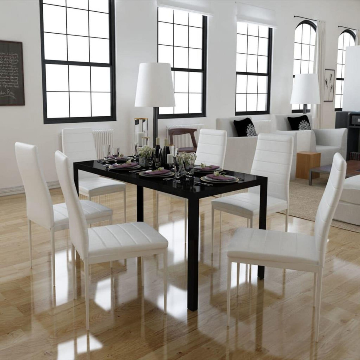 VIDAXL Ensemble de table a manger sept pieces noir et blanc