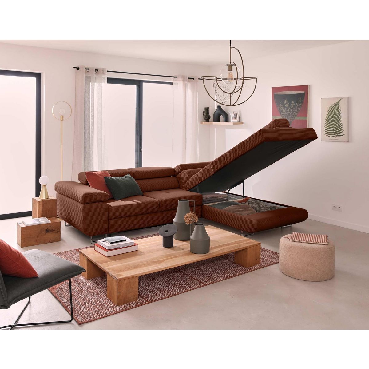 BEST MOBILIER Zaria - canapé d'angle droit - convertible avec coffre et têtières réglables - 5 places - en velours côtelé