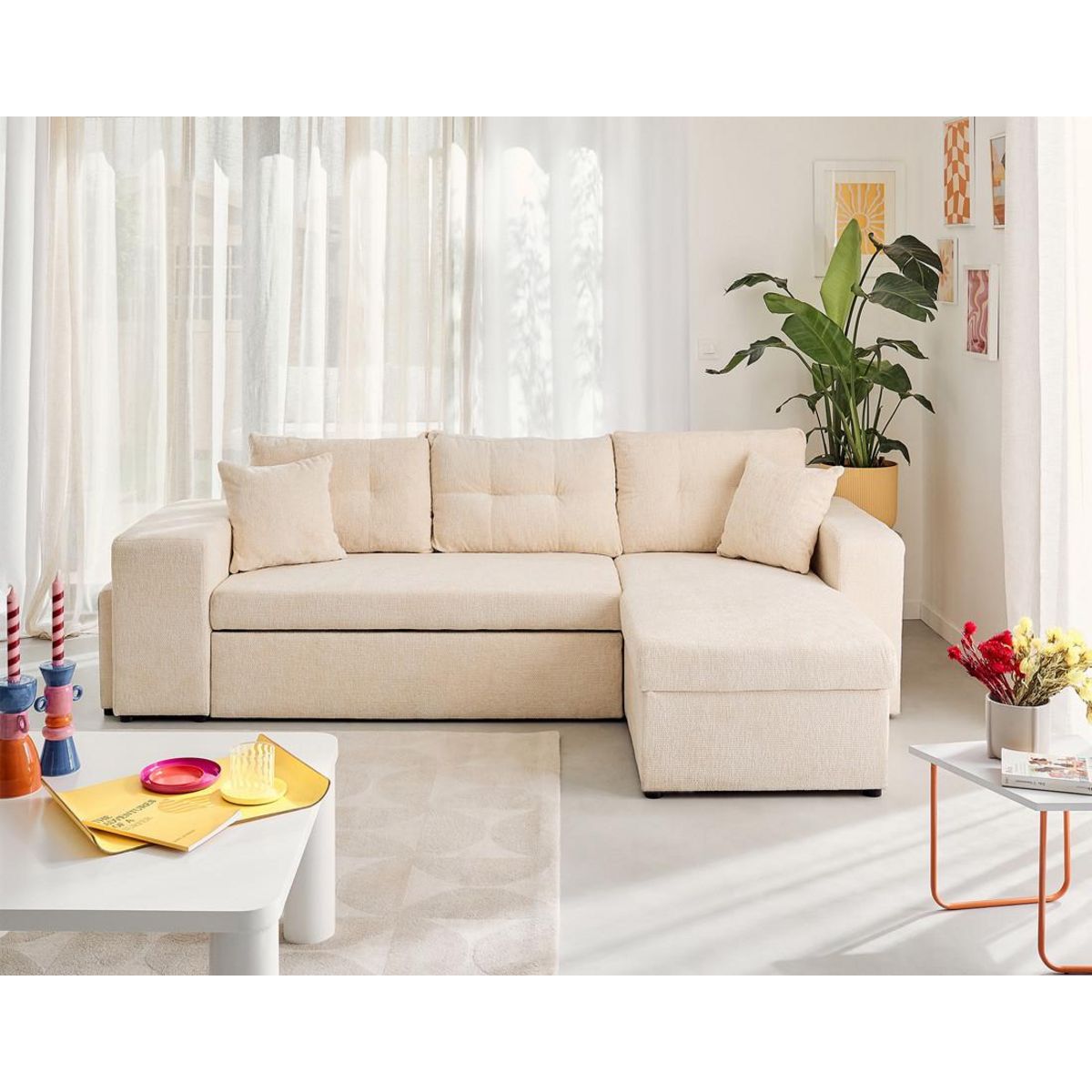 BEST MOBILIER California - canapé d'angle réversible 4 places - convertible avec coffre, étagère et poufs - en velours texturé