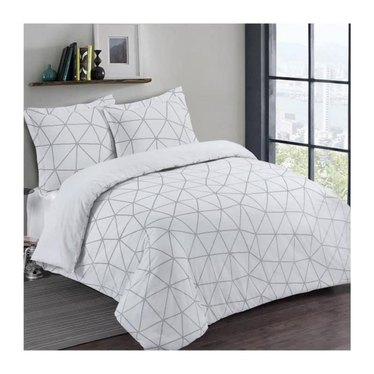 VISION VISION Parure de couette Hugo - 100% coton - 1 housse de couette 220 x 240 cm + 2 taies d'oreiller 65 x 65 cm - Blanc et noir