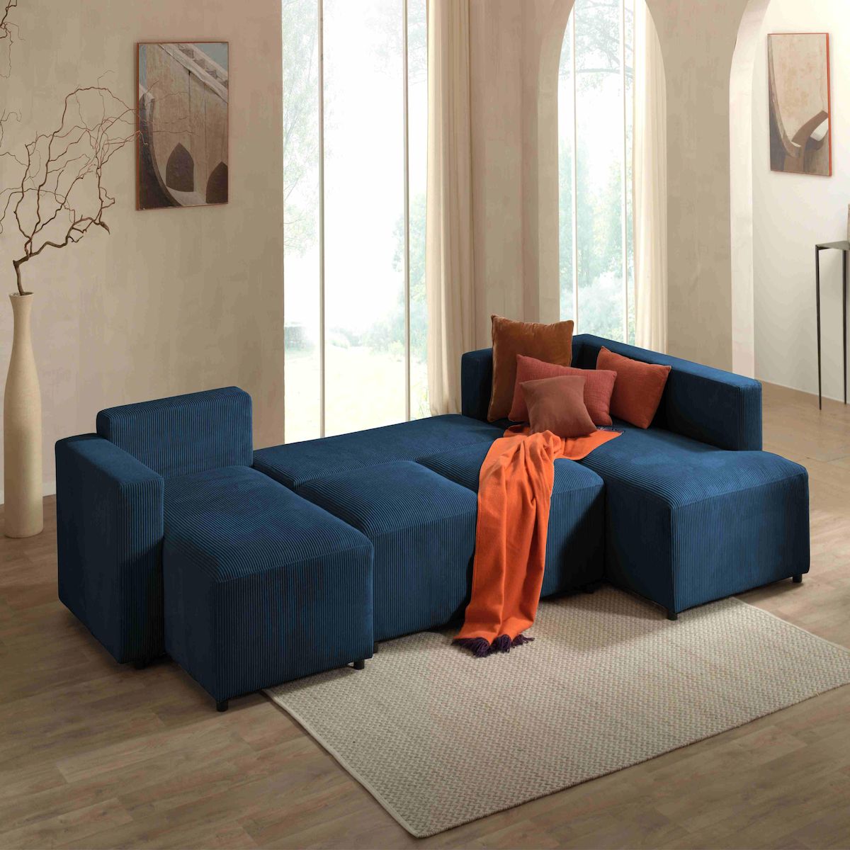 LISA DESIGN Livy - canapé panoramique convertible - avec coffre - en velours côtelé - 7 places - droit