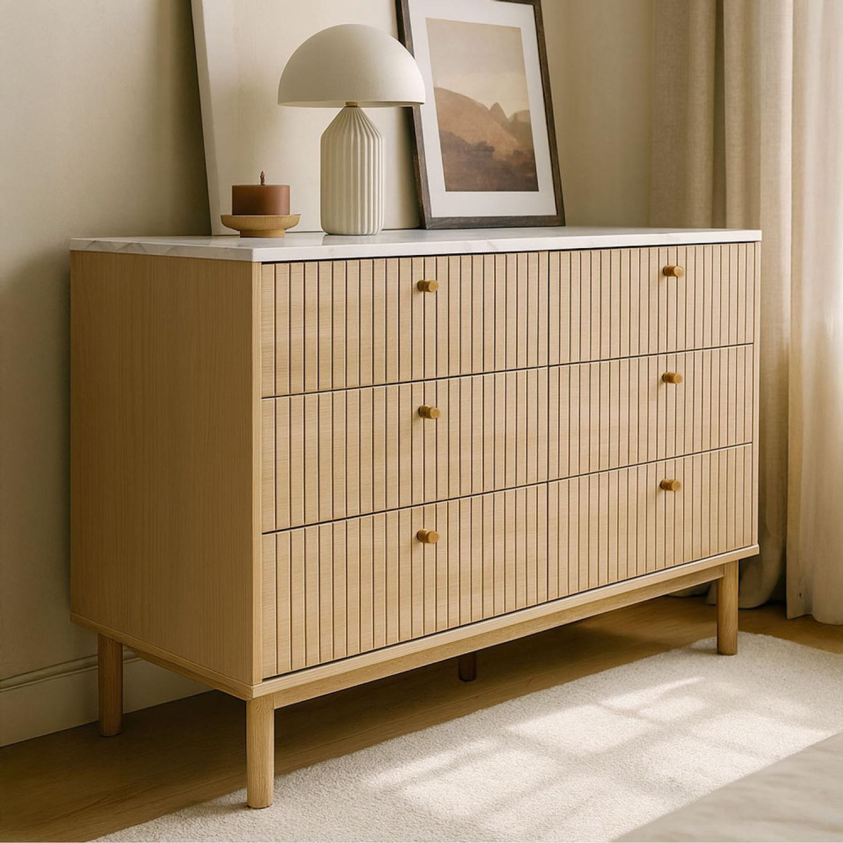 CONCEPT USINE Buffet 6 tiroirs aspect bois rainuré et marbre 120cm BROX