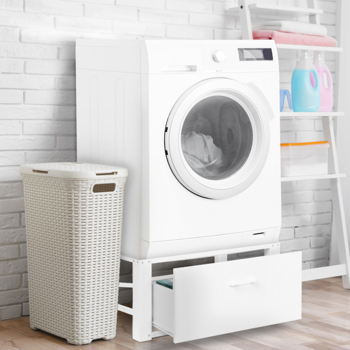 ID MARKET Support pour machine à laver 63 x 54 cm socle réhausseur en métal avec tiroir