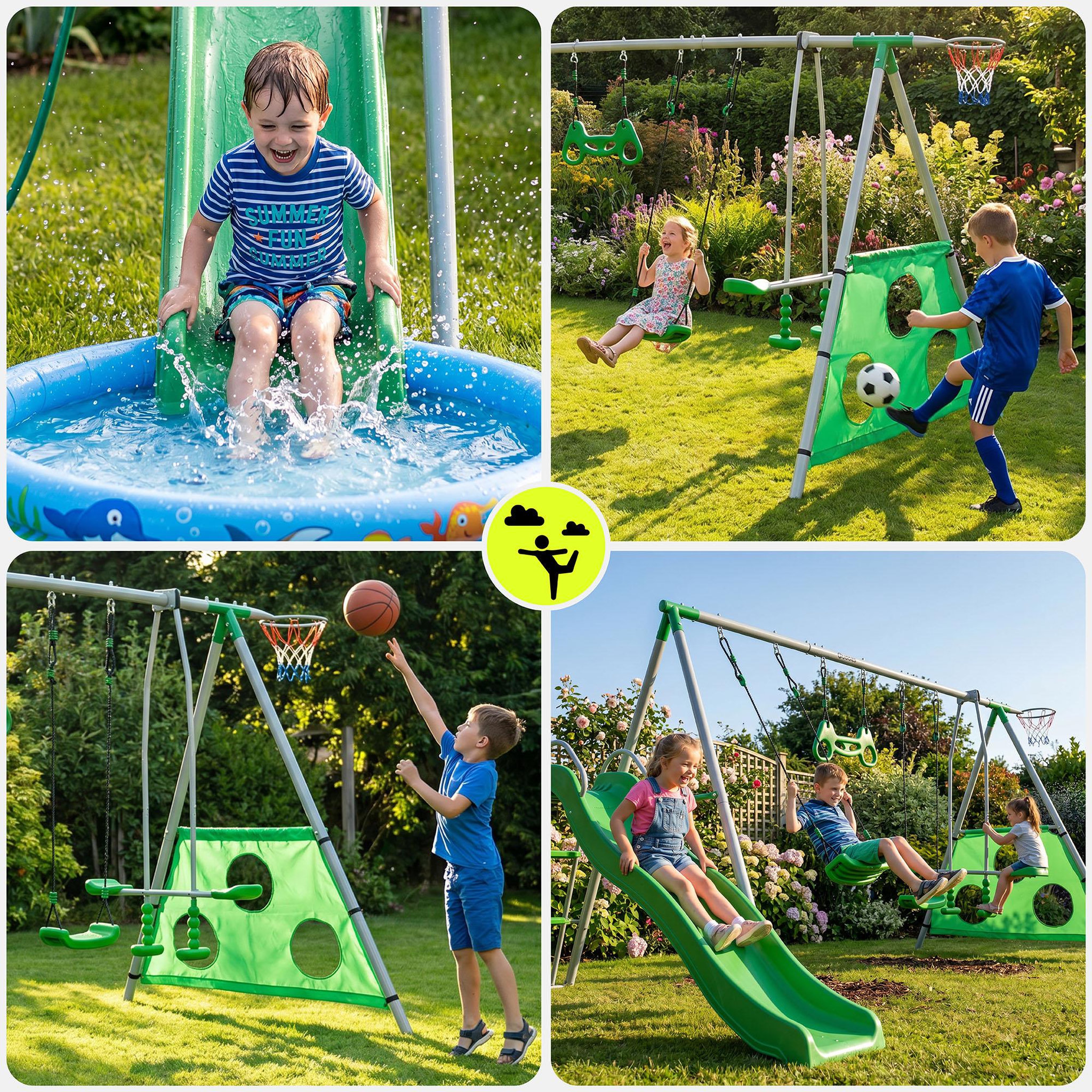 Voir la diapositive 4 : HYPERMOTION Aire de jeux de jardin XXXL avec balançoires, toboggan et accessoires sportifs