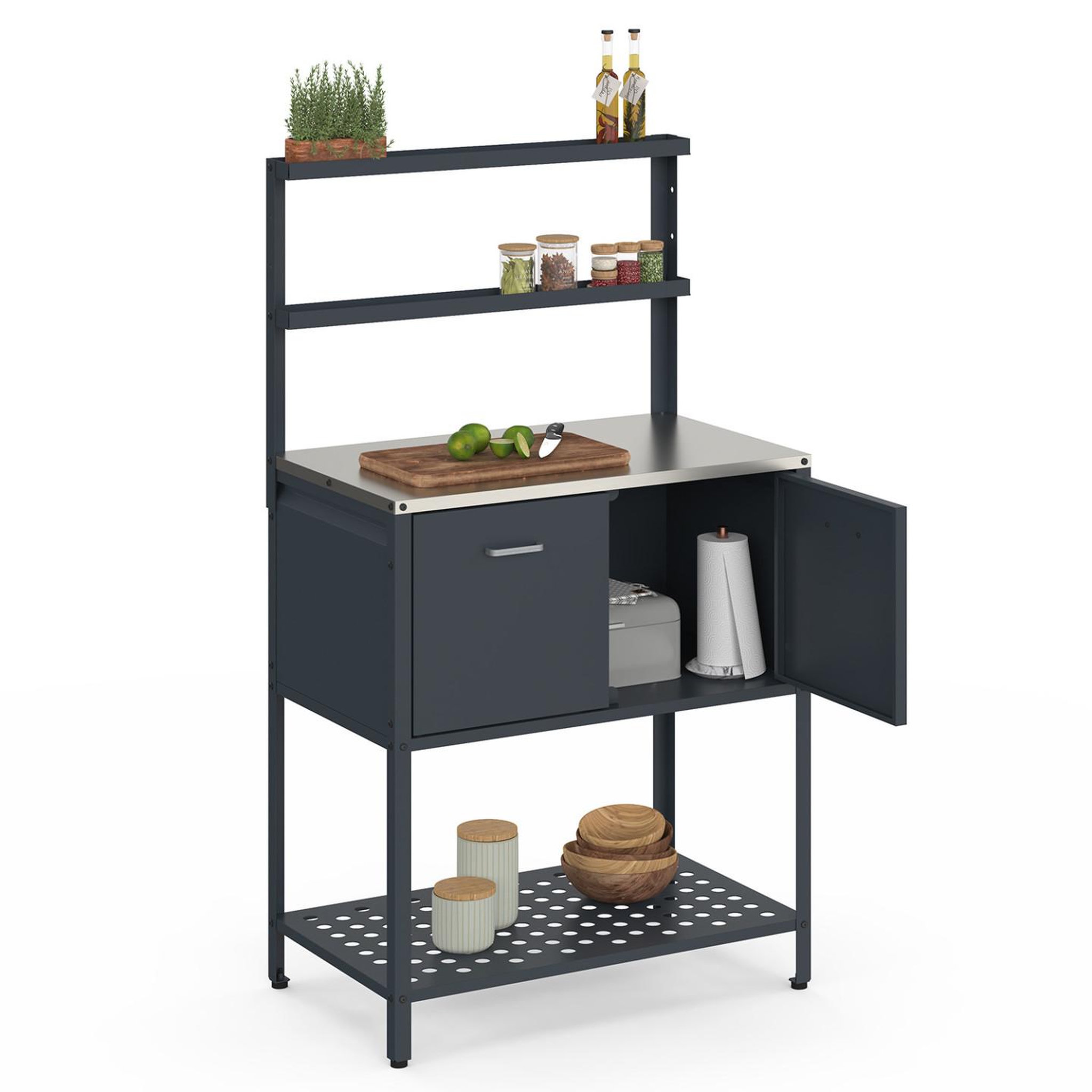 Voir la diapositive 6 : ID MARKET Meuble de cuisine extérieure pareo 2 portes et 2 étagères suspendues en acier gris anthracite