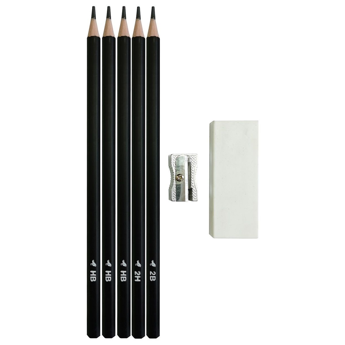 AUCHAN Lot 5 crayons graphites + gomme + taille crayon