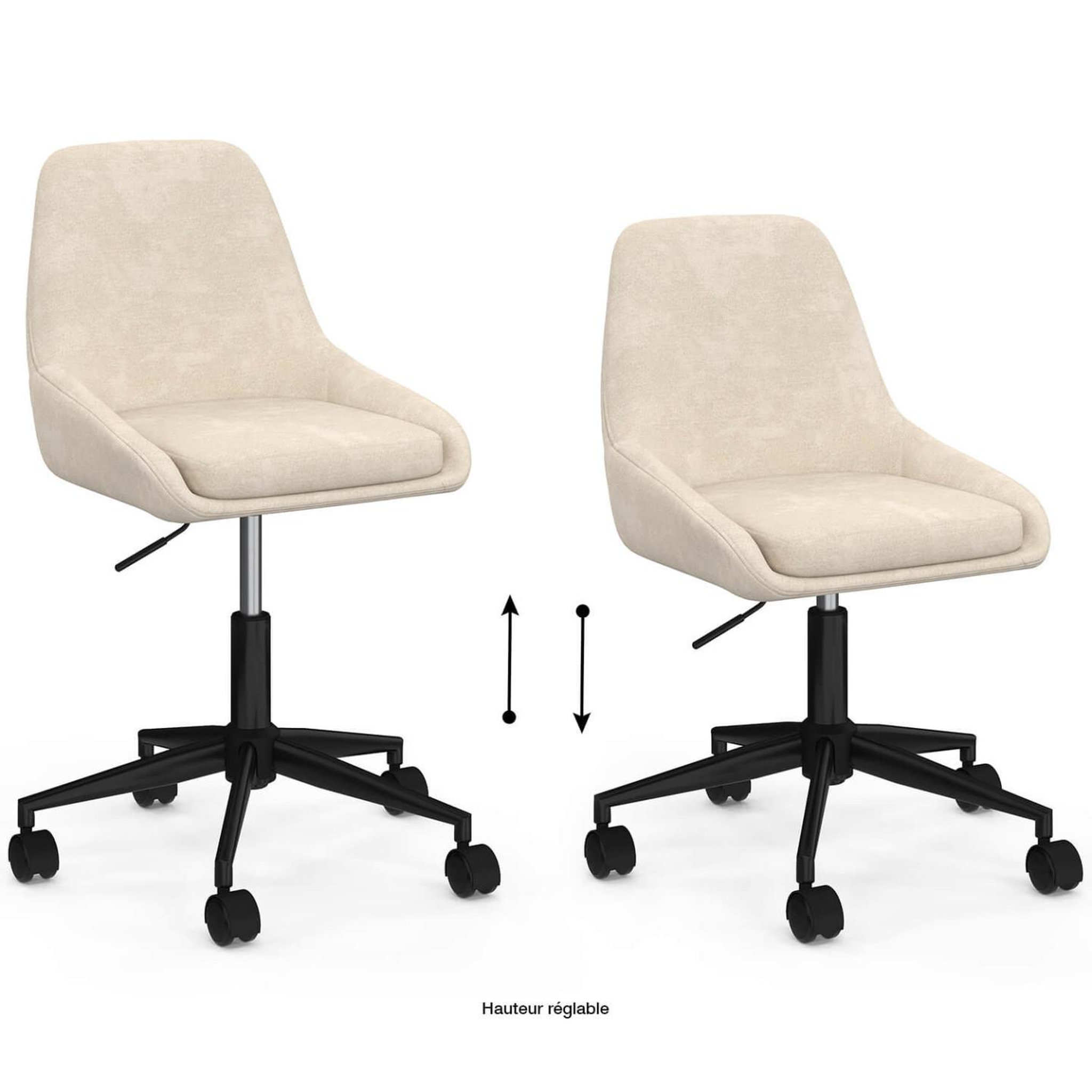 Voir la diapositive 6 : ID MARKET Chaise de bureau MARTIN en tissu chenille beige pivotante et hauteur réglable à roulettes