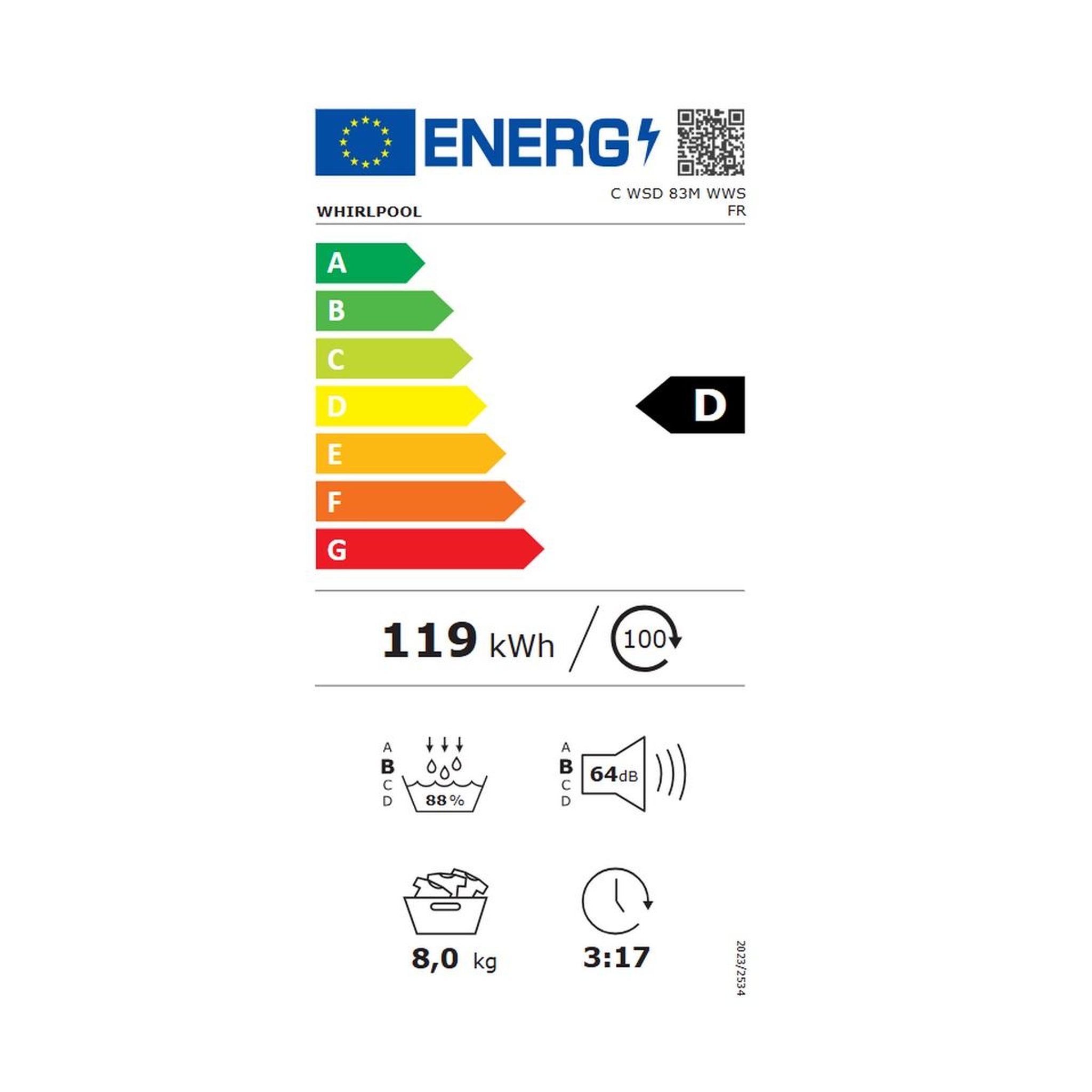 Voir la diapositive 2 : Whirlpool Sèche-linge pompe à chaleur 8kg 60cm blanc - cwsd83mwwsfr