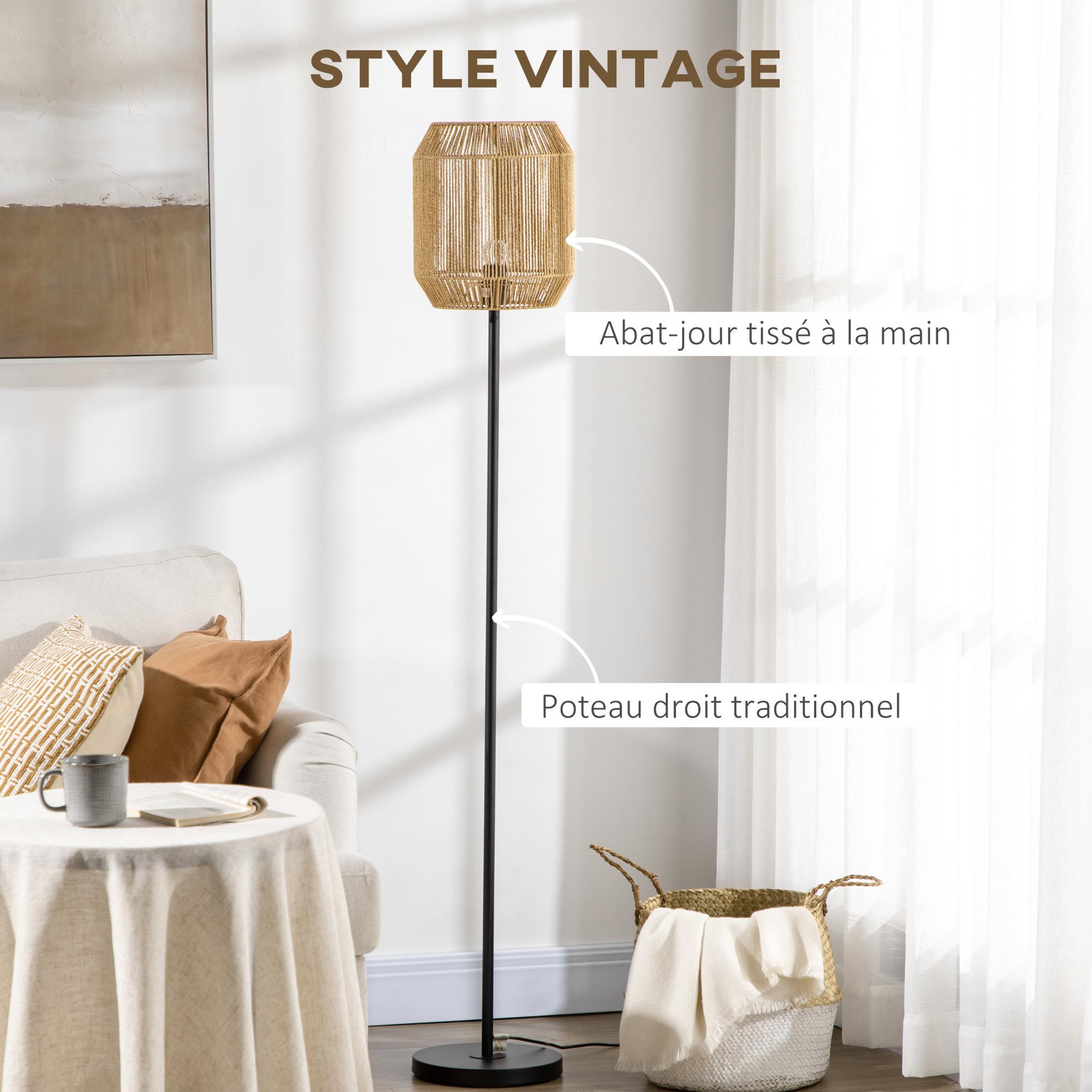 Voir la diapositive 4 : HOMCOM Lampadaire aspect cannage style cosy 40 w max. H.158 cm piètement mât métal noir abat-jour corde papier tressé main