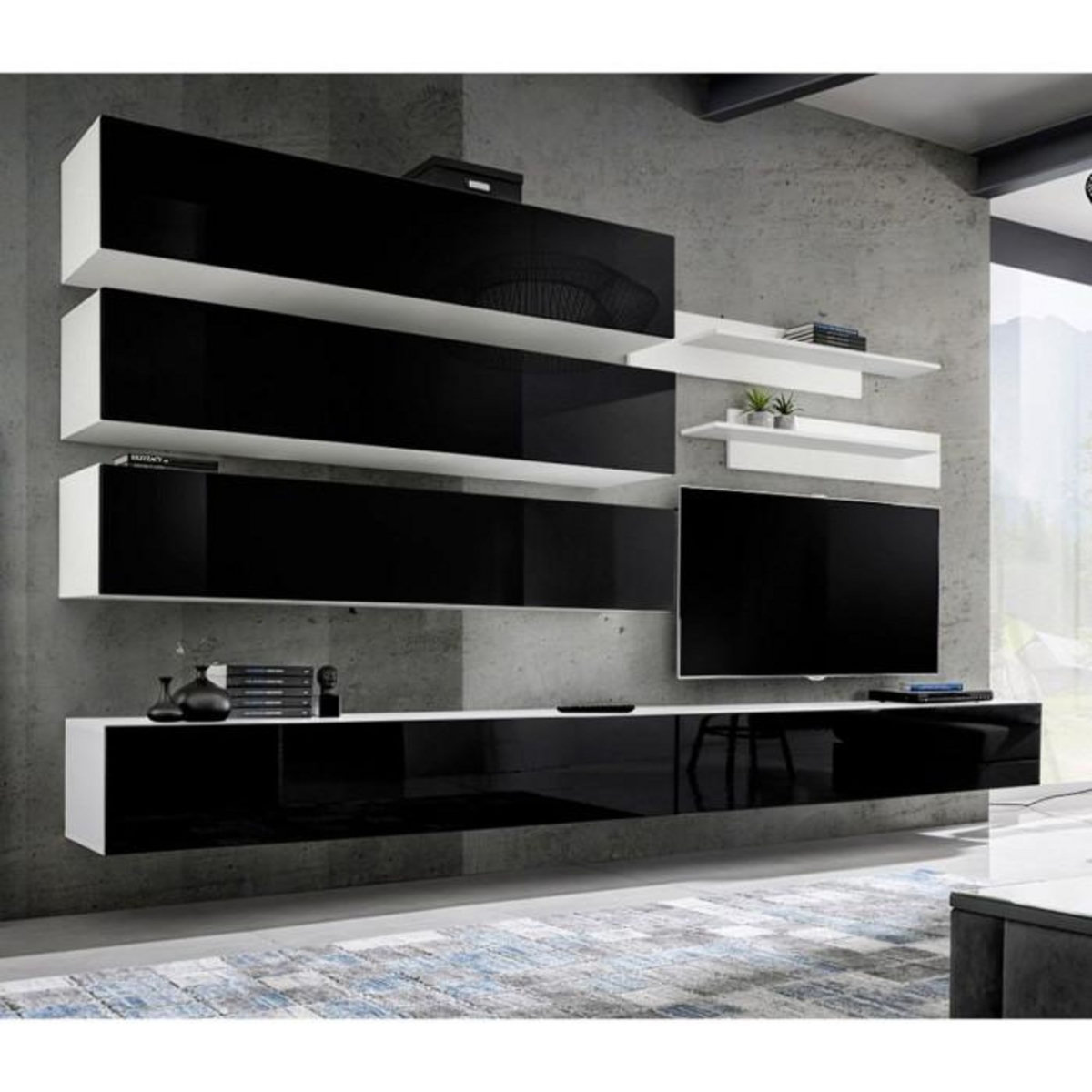 Paris Prix Meuble TV Mural Design  Fly IX  320cm Noir & Blanc