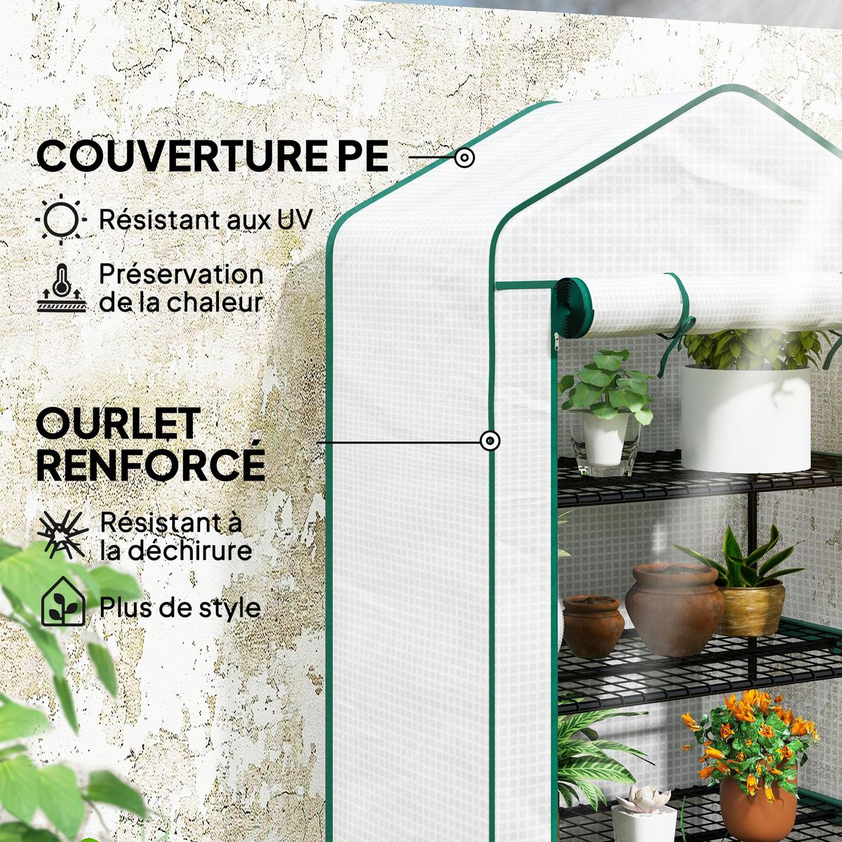 OUTSUNNY Serre de jardin balcon 4 étagères dim. 90 x 49 x 160 cm acier PE haute densité blanc