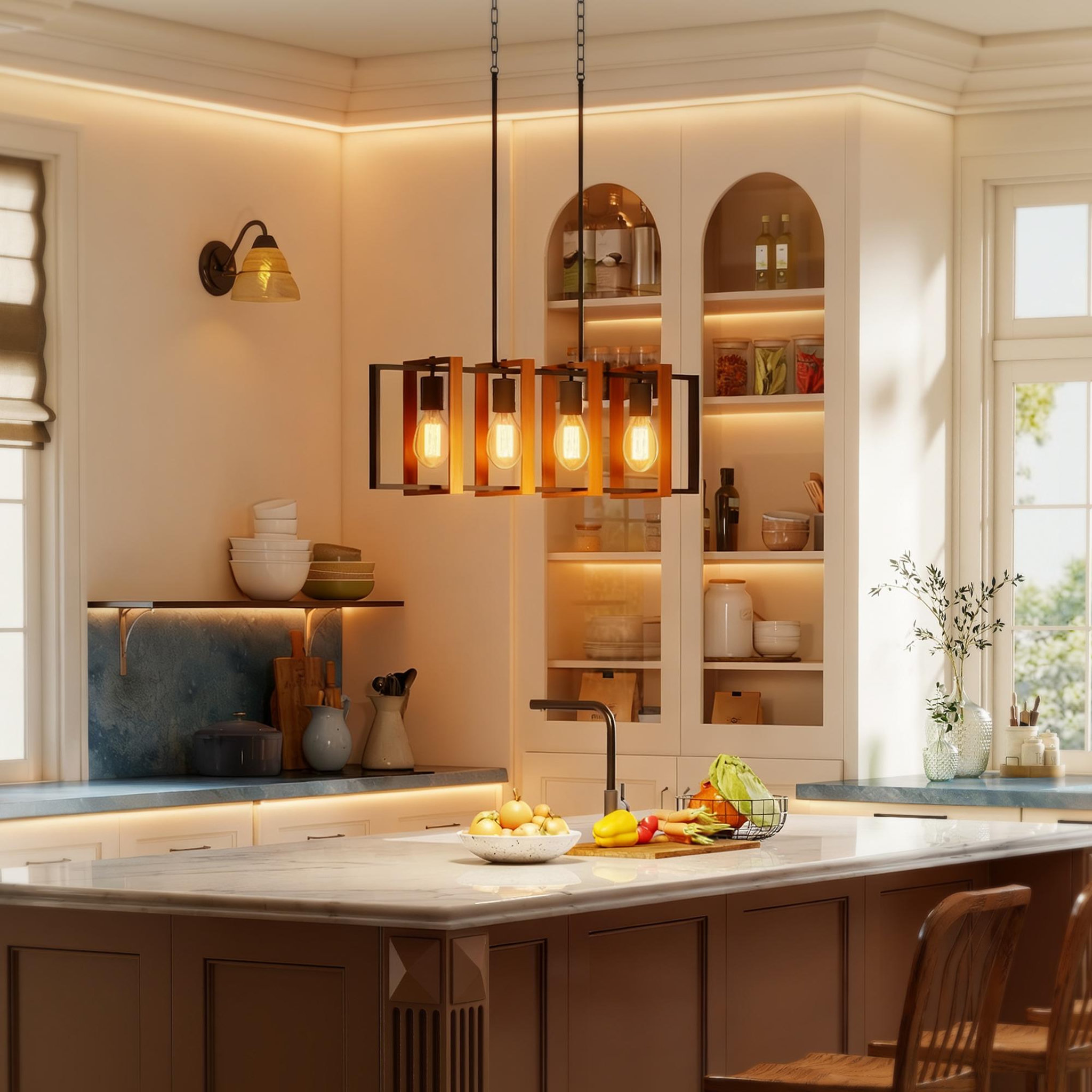 Voir la diapositive 4 : HOMCOM Suspension design 4 lumières cadres rotatifs - hauteur réglable - acier noir bois coloris noyer