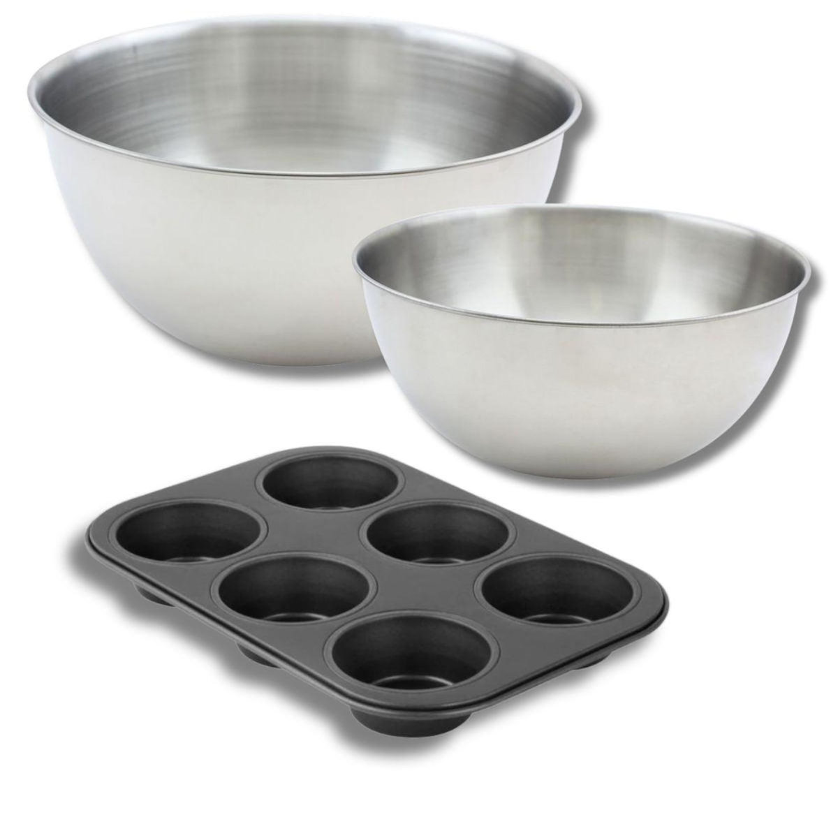 ZENKER Lot comprenant 1 Moule à Muffins 6 empreintes, 1 spatule Zenker et 2 bols à mixer en inox Fackelmann