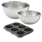 ZENKER Lot comprenant 1 Moule à Muffins 6 empreintes, 1 spatule Zenker et 2 bols à mixer en inox Fackelmann