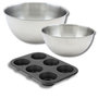 Voir la diapositive 1 : ZENKER Lot comprenant 1 Moule à Muffins 6 empreintes, 1 spatule Zenker et 2 bols à mixer en inox Fackelmann