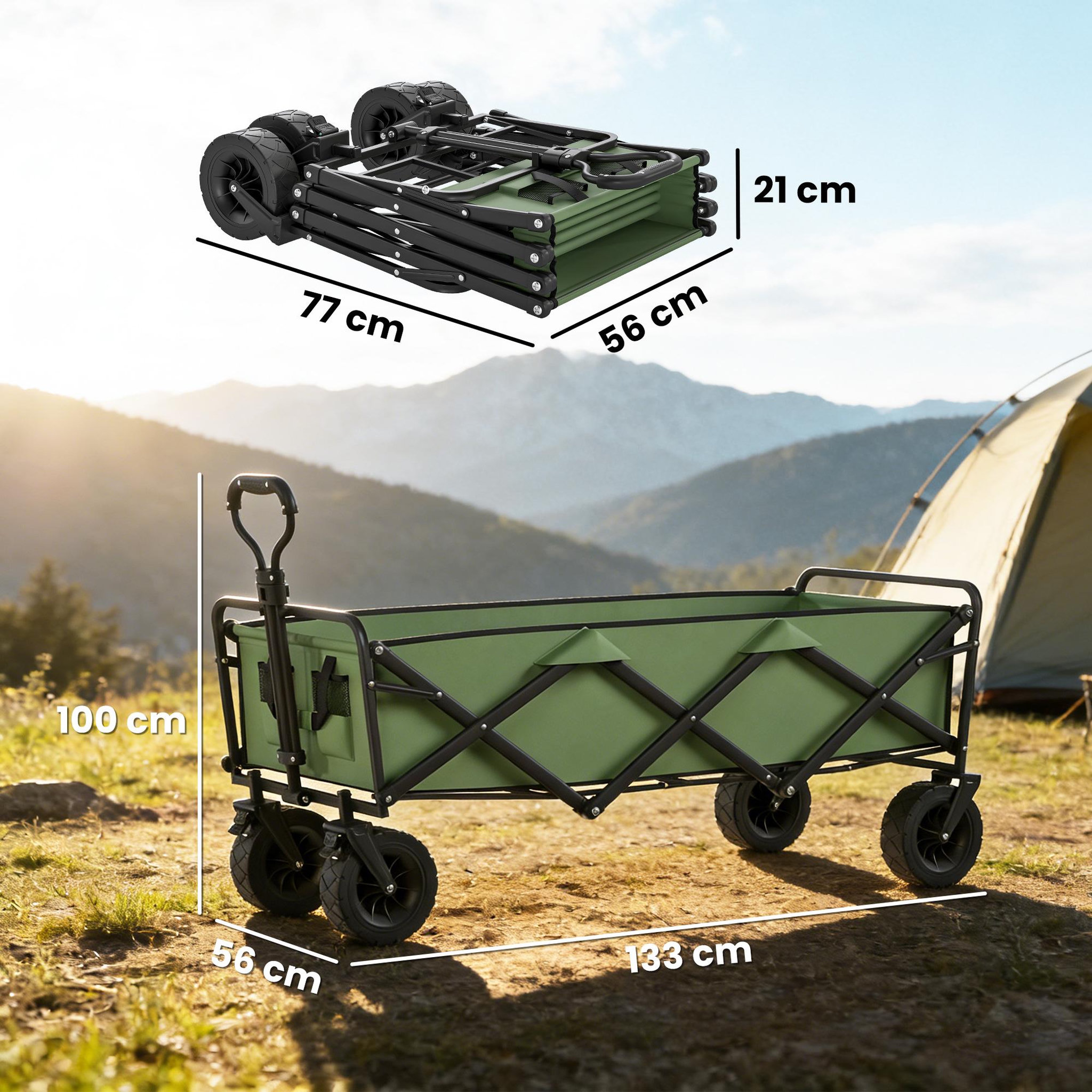 Voir la diapositive 3 : OUTSUNNY Chariot de jardin plage pliable 130L max. 250 Kg poignée telescopique