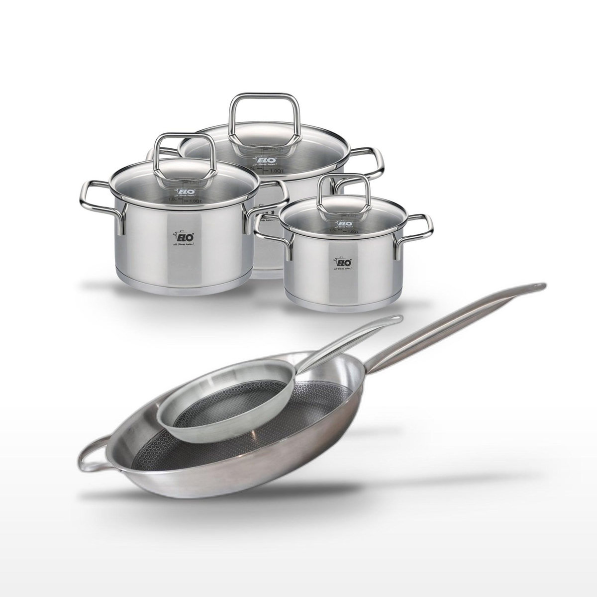 ELO Lot 2 Poêles 32/24cm et 3 Faitouts 16/14/12cm Elo Relief Solution