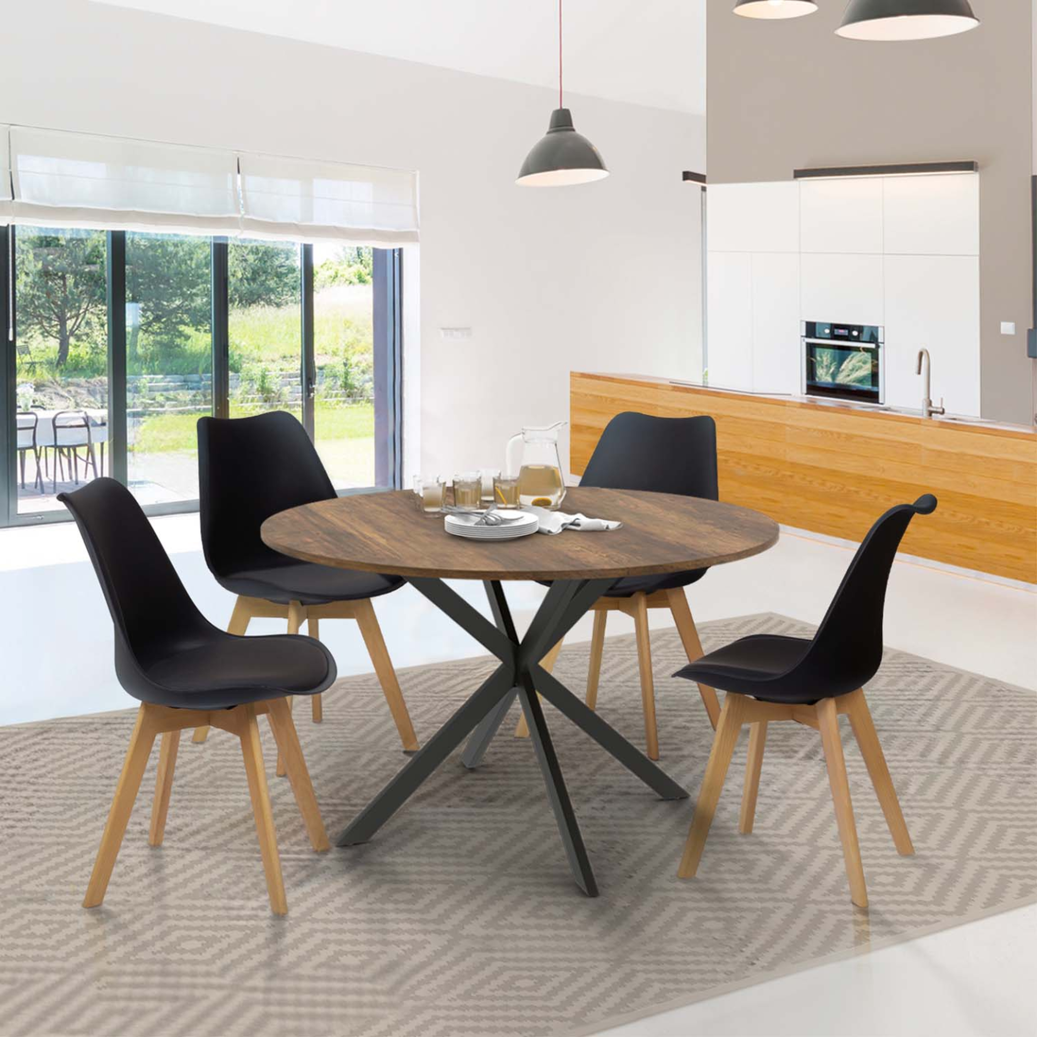 Voir la diapositive 2 : ID MARKET Table à manger ronde alix 6 personnes pied araignée noir et plateau bois foncé hawkins 110 cm