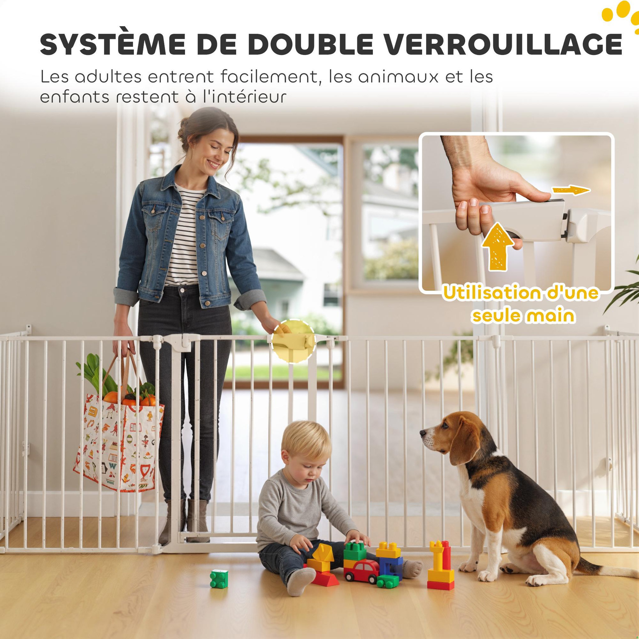 Voir la diapositive 6 : PAWHUT Barrière de sécurité pliable modulable max. L.488cm parc enclos 8 panneaux - porte double verrouillage - acier blanc