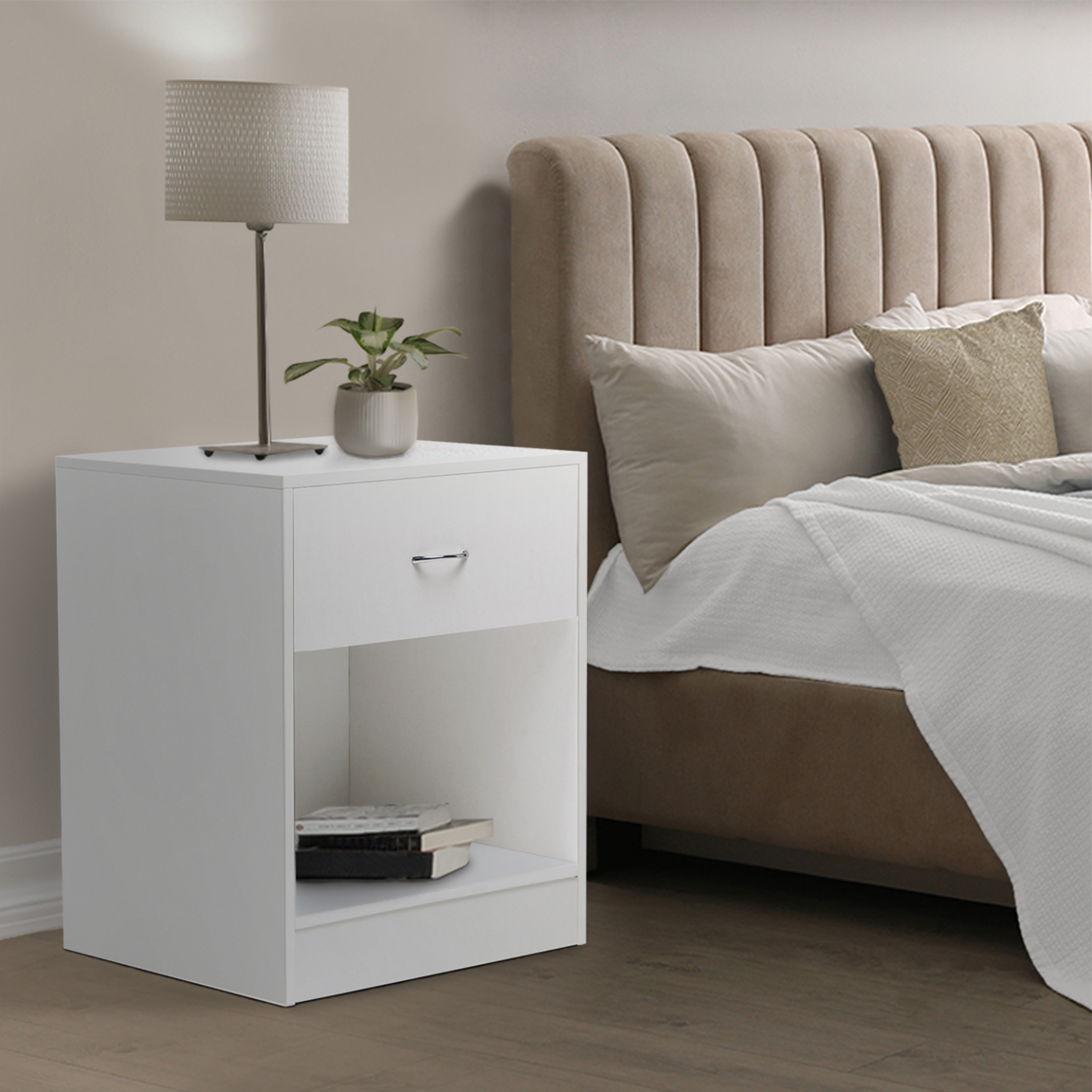 Voir la diapositive 2 : ID MARKET Lot de 2 tables de chevet olga 1 tiroir avec niche bois blanc