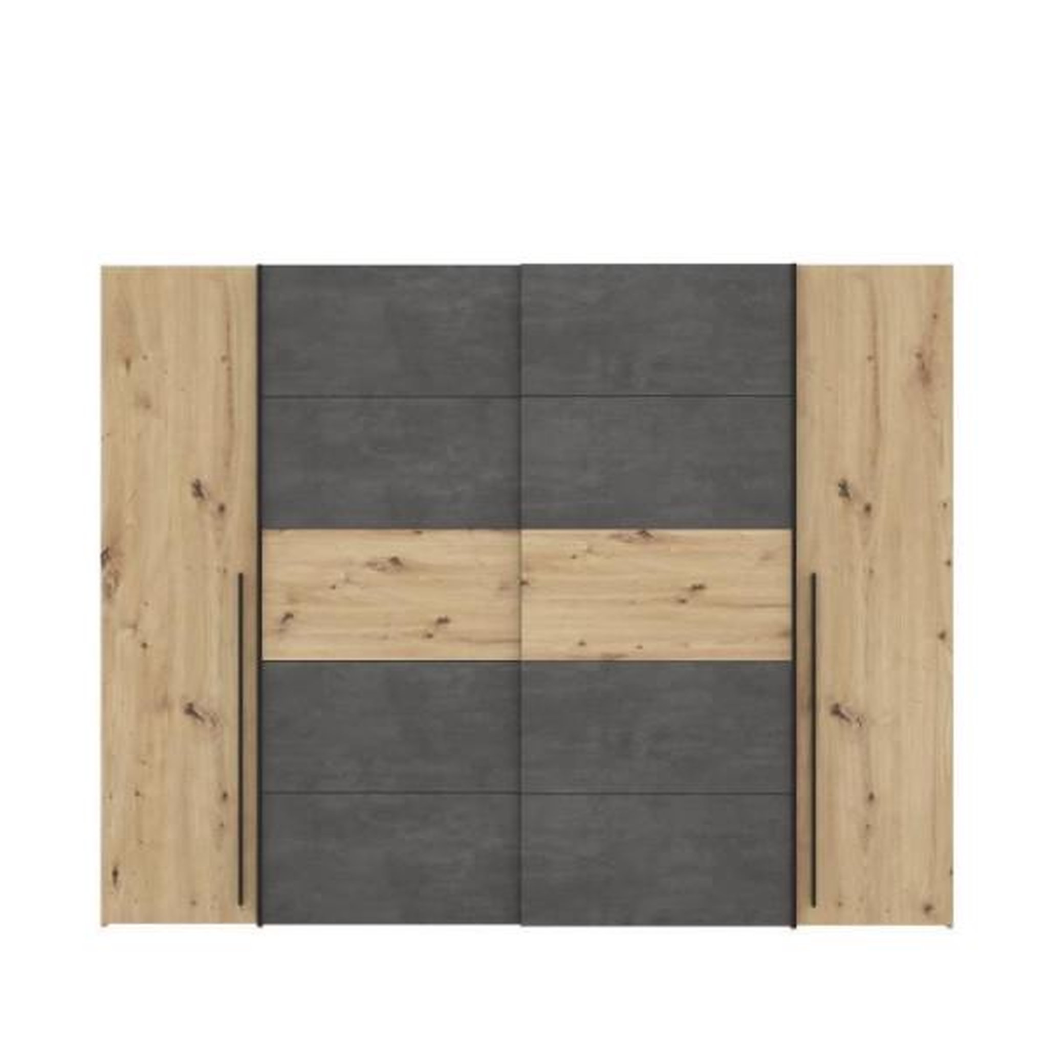 Voir la diapositive 2 : MARKET24 Armoire - Décor chene artisan et béton gris - 2 portes battantes + 2 portes coulissantes - L 270,3 x P 61,2 x H 210 cm - NARAG