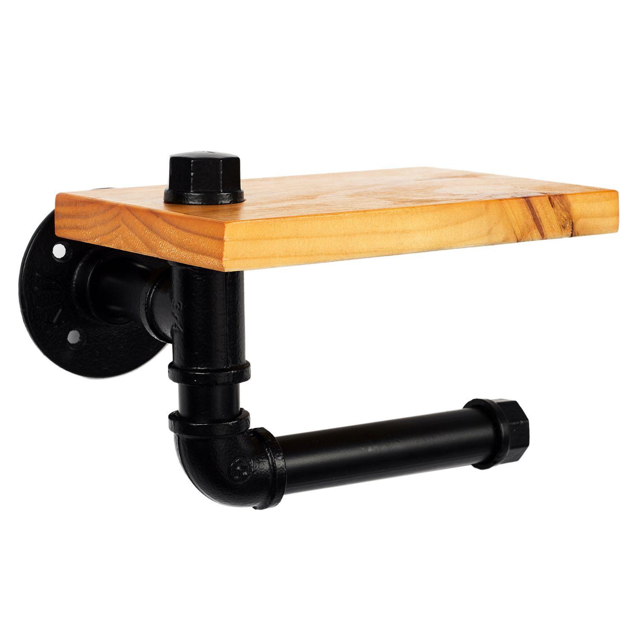 TOILINUX Dérouleur papier wc en bois de pin et métal - marron et noir