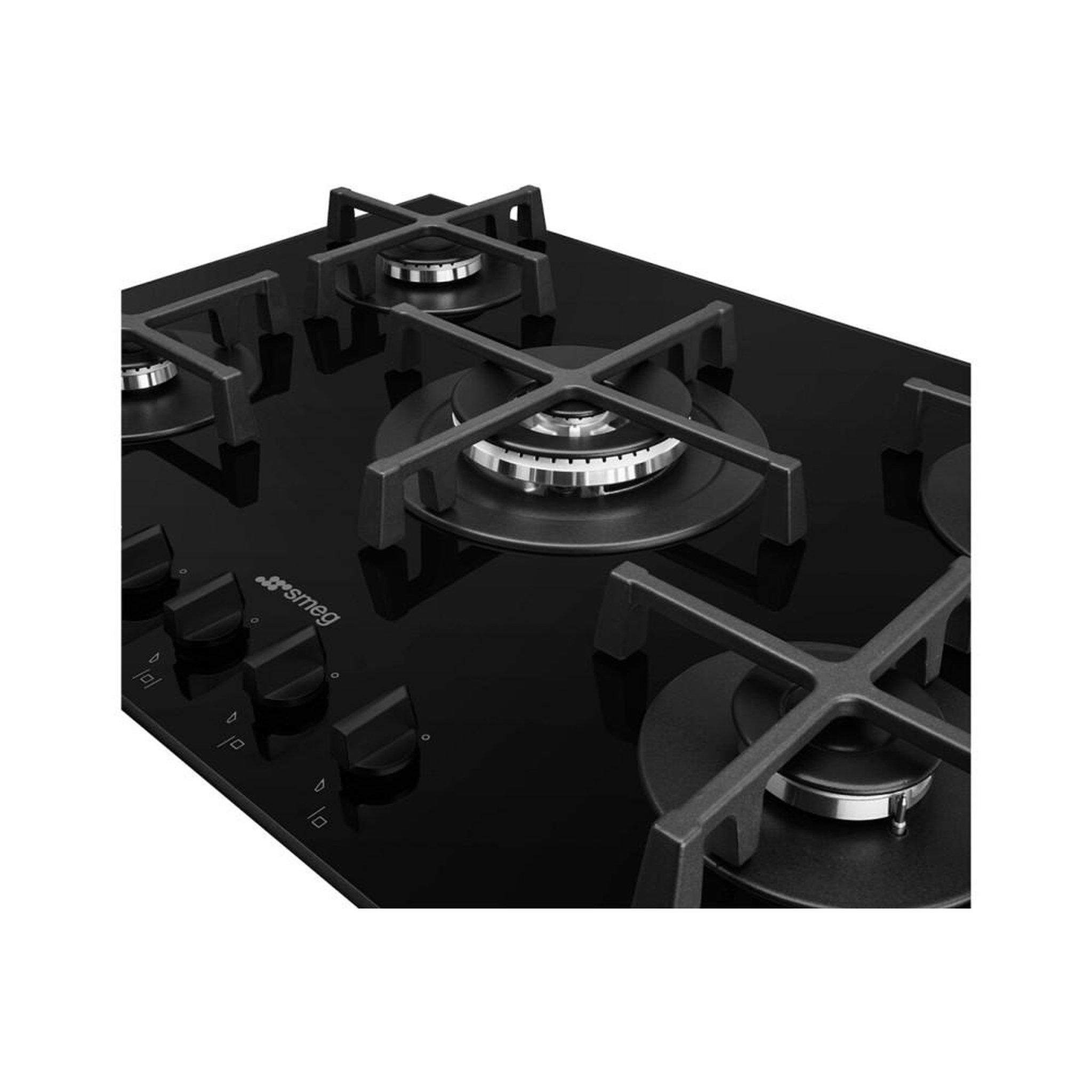 Voir la diapositive 3 : SMEG Table de cuisson gaz 5 brûleurs encastrable verre noir grilles fonte allumage électrique sécurité thermocouple
