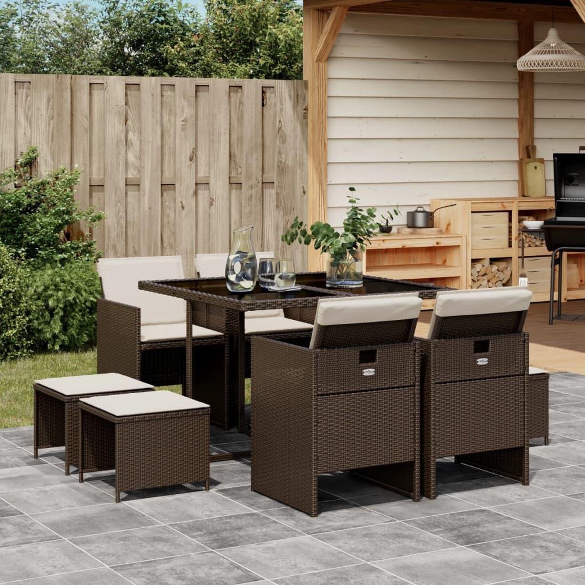 VIDAXL Ensemble a manger de jardin et coussins 9 pcs marron poly rotin