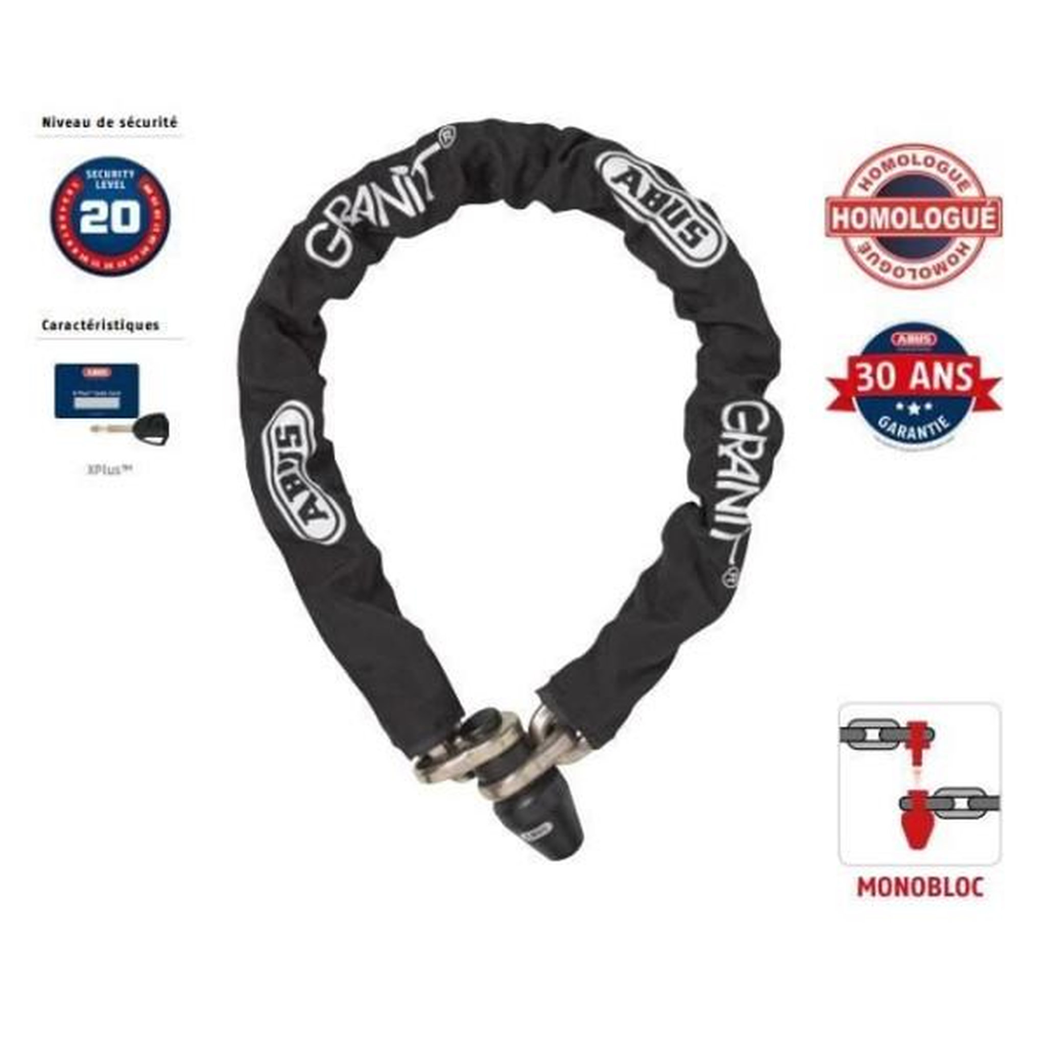 Voir la diapositive 2 : ABUS Antivol de chaîne monobloc - ABUS - 1480/120 - Maillons 14 mm - Gainage tissu - Cylindre XPlus