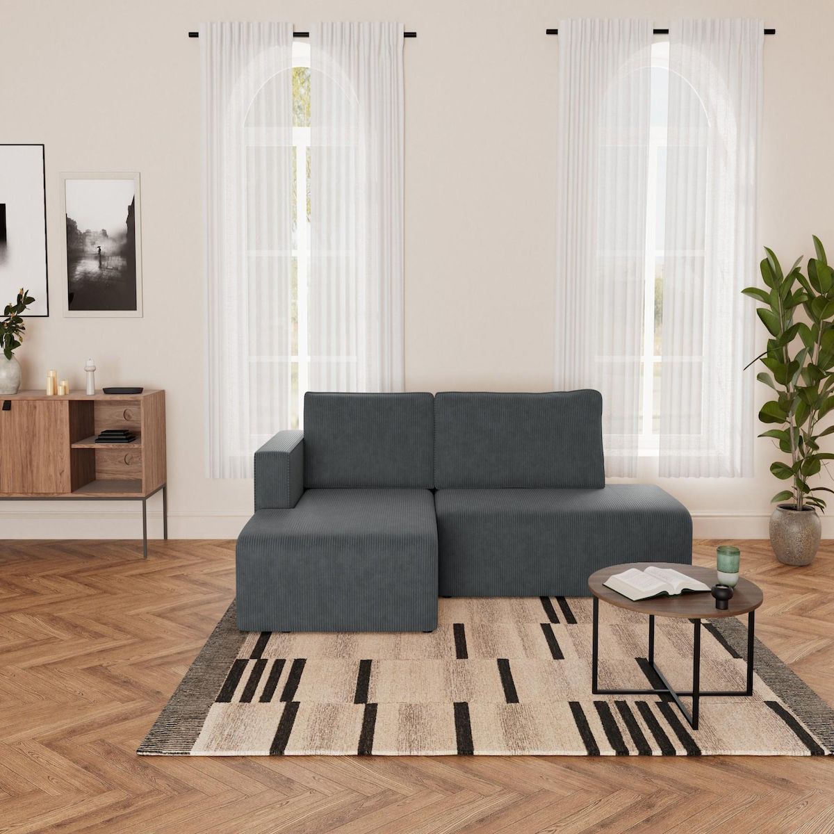 BEST MOBILIER Topaze - canapé d'angle gauche 4 places convertible avec coffre en velours côtelé